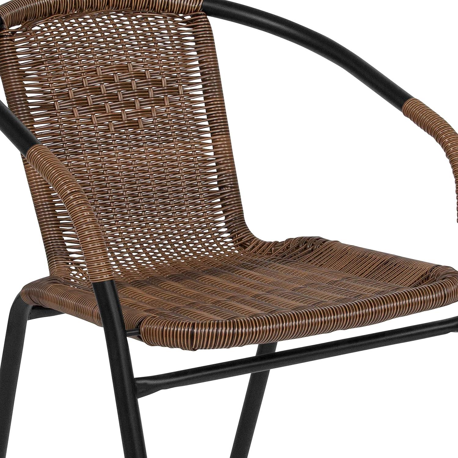 Flash Furniture 28'' Round Glass Metal Table with Dark Brown Rattan Edging and 4 Dark Brown Rattan Stack Chairs