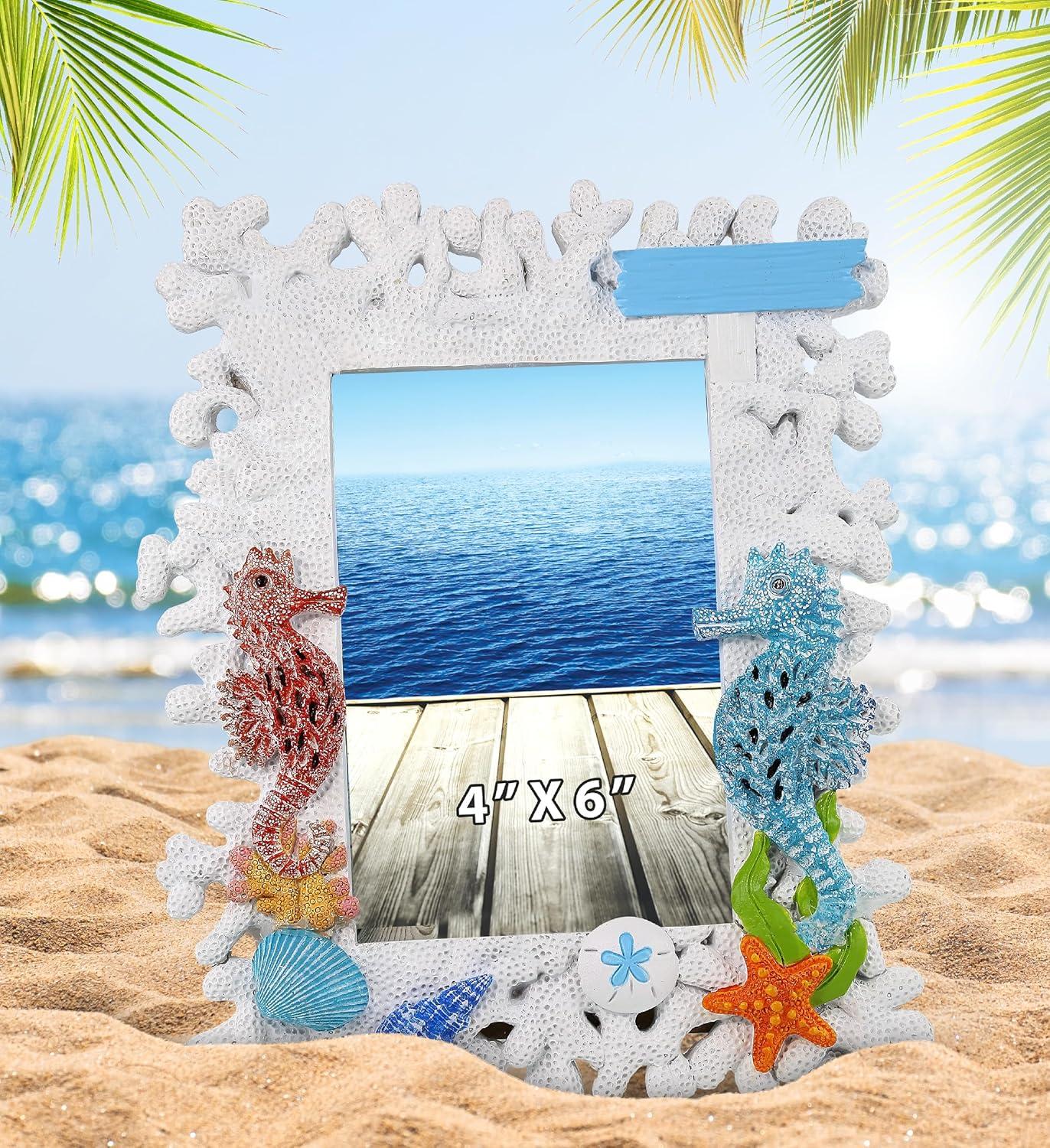 CoTa Global White Coral Seahorse 4x6 Nautical Frame - White Coral Photo Frame for Summer Vacation Memory, Handmade Tropical White Coral Reef Nautical Picture Frame For Tabletop or Wall Hang - 8 Inches