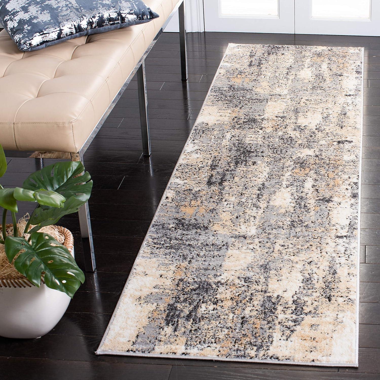 Abstract Elegance Grey & Gold Synthetic Runner Rug - 2'2" x 10'