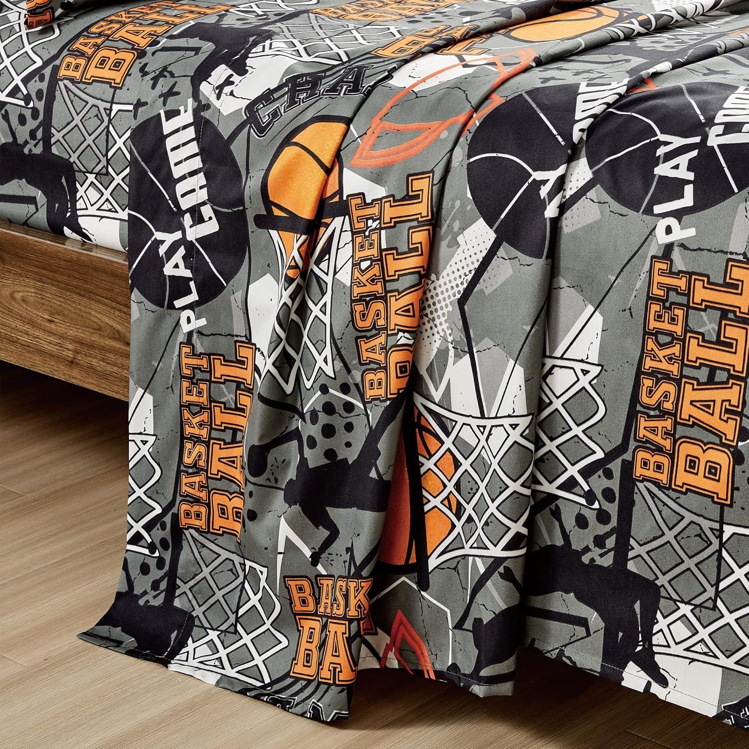 Chezmoi Collection 4-Piece Kids/Teens Basketball Sheet Set - Soft Microfiber Gray Orange Black Printed Sports Basketball Slam Dunk Fun Kids Sheets, Full Size