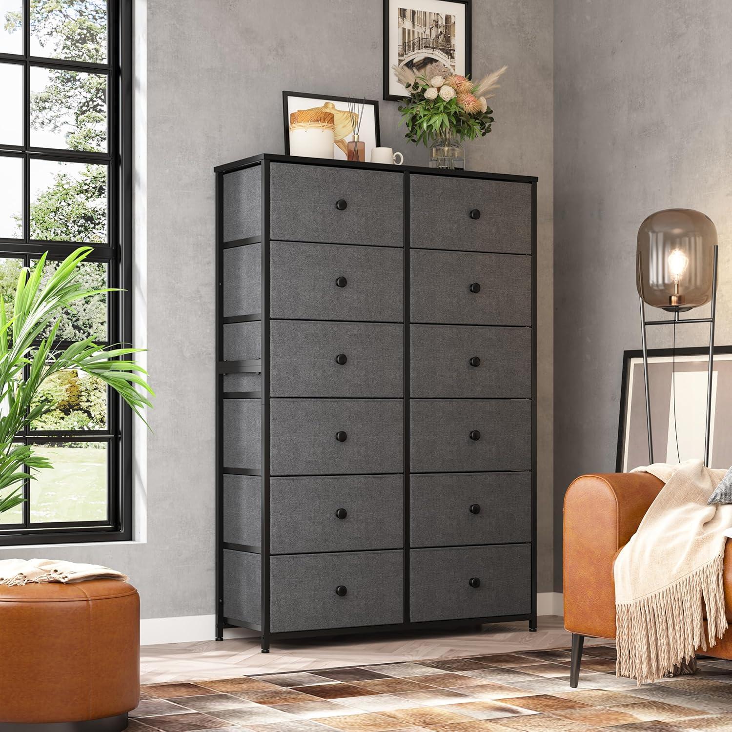 TiaGOC Dresser for Bedroom with 12 Drawers, Large Tall Dressers for Bedroom with Wooden Top and Metal Frame, Bedroom Dresser Dressers & Chests of Drawers Clearance, 40.6" W x 11.8" D x 43.7" H, Gray