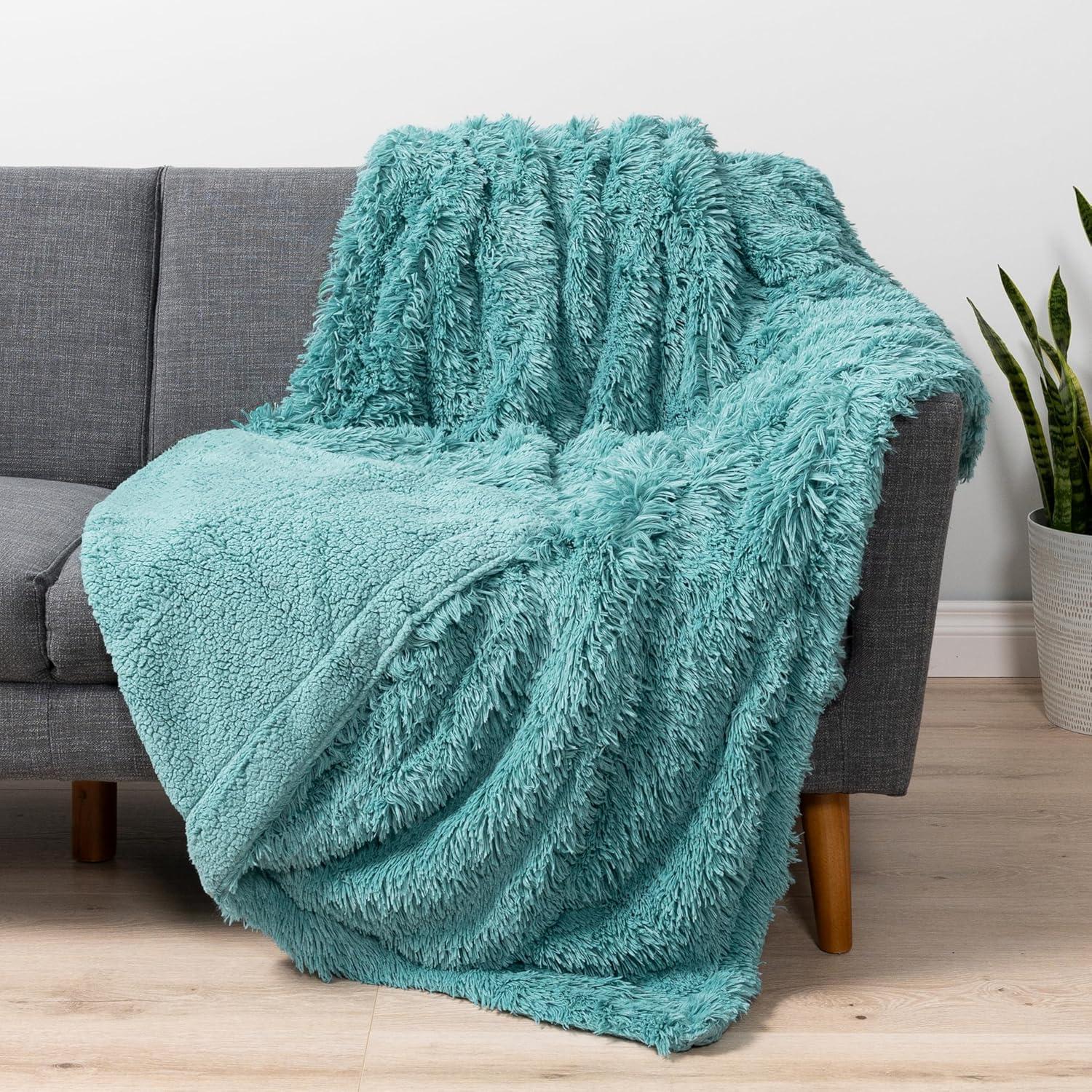 PAVILIA Fluffy Faux Fur Reversible Throw Blanket for Bed, Sofa, and Couch