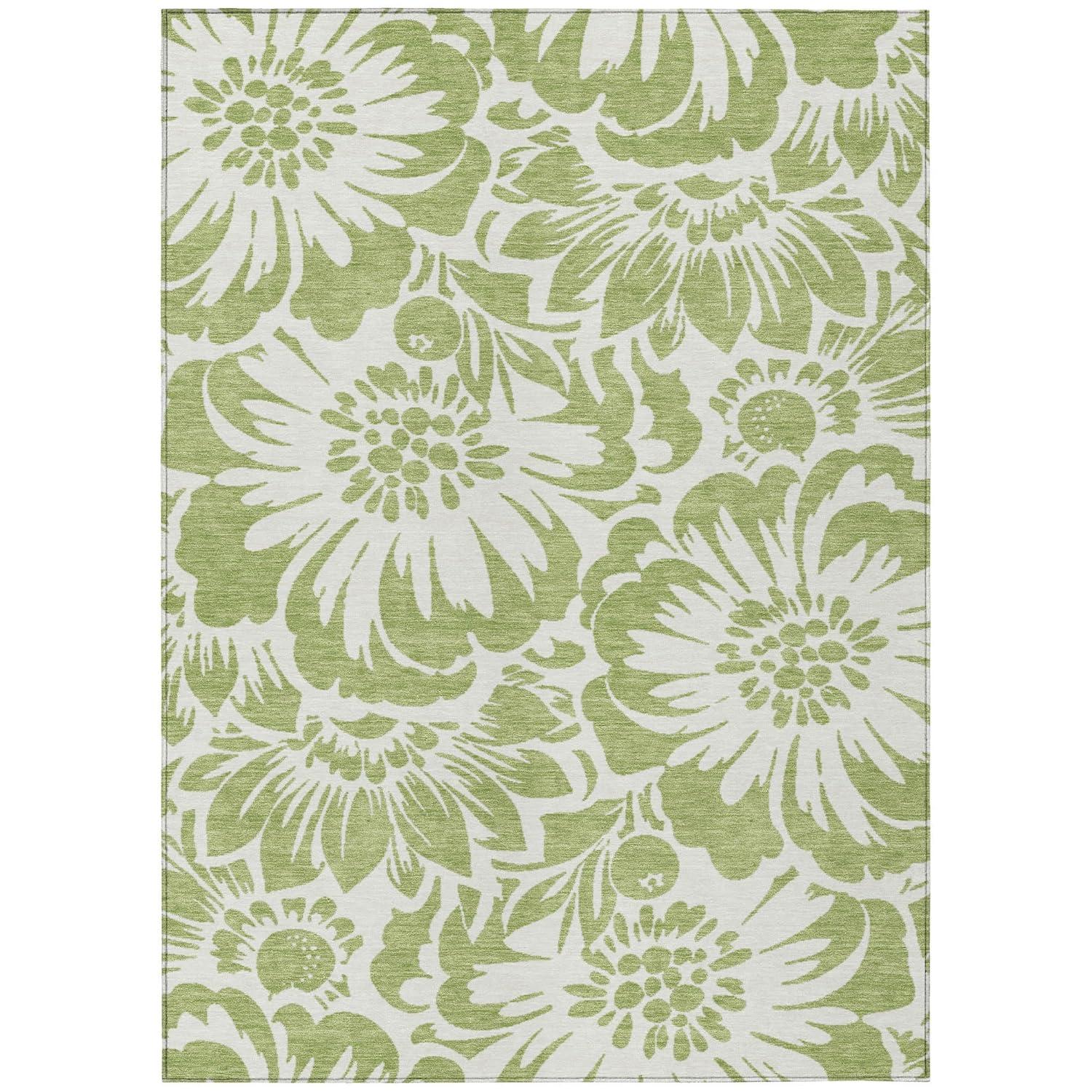 Aloe Green Floral Synthetic Washable 3' x 5' Area Rug