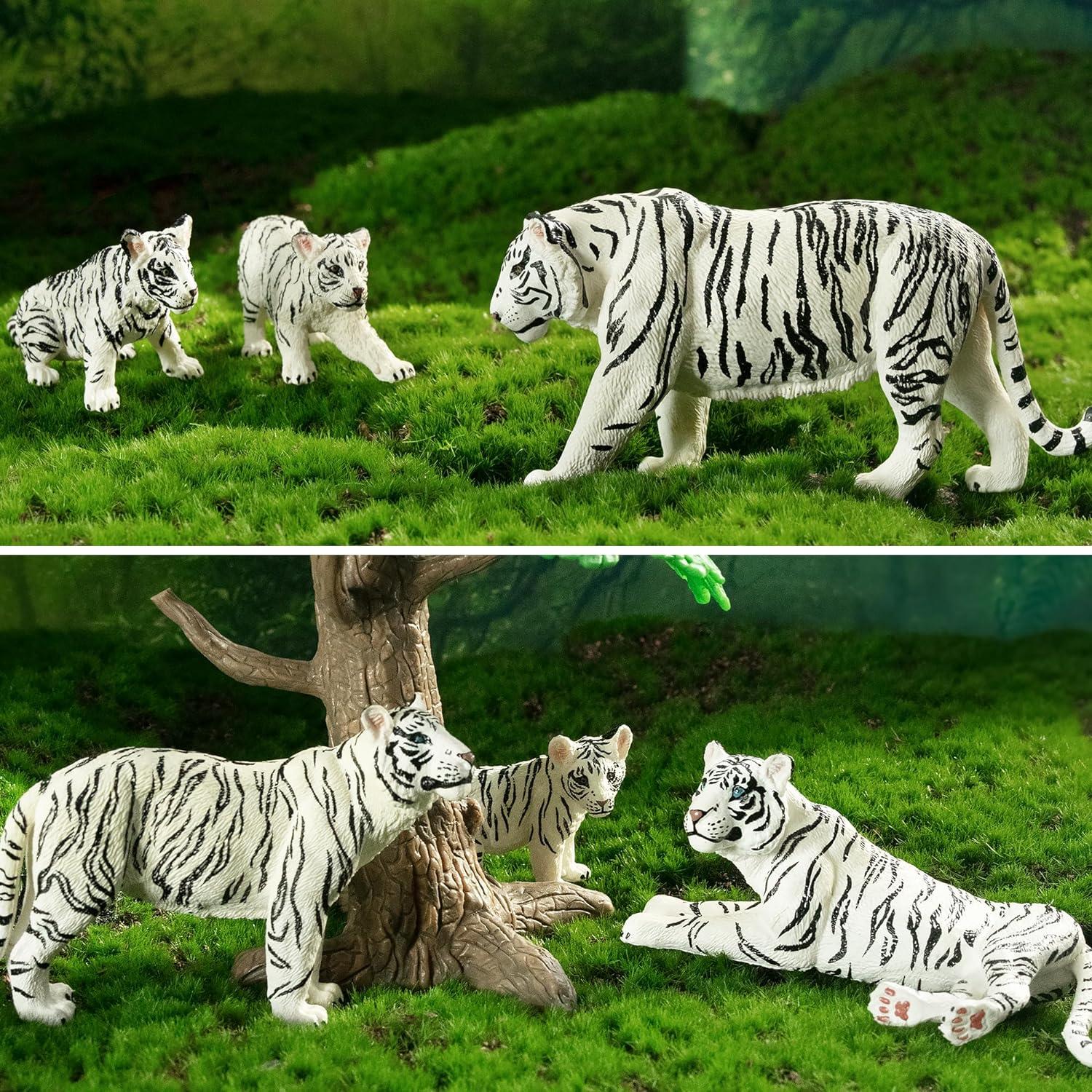 Toymany 6PCS Realistic White Tigers Figurines with Tiger Cubs, 2-6" Jungle Animals Figures Family Set Includes Baby Tigers, Educational Toy Cake Toppers Christmas Birthday Gift for Kids Toddlers