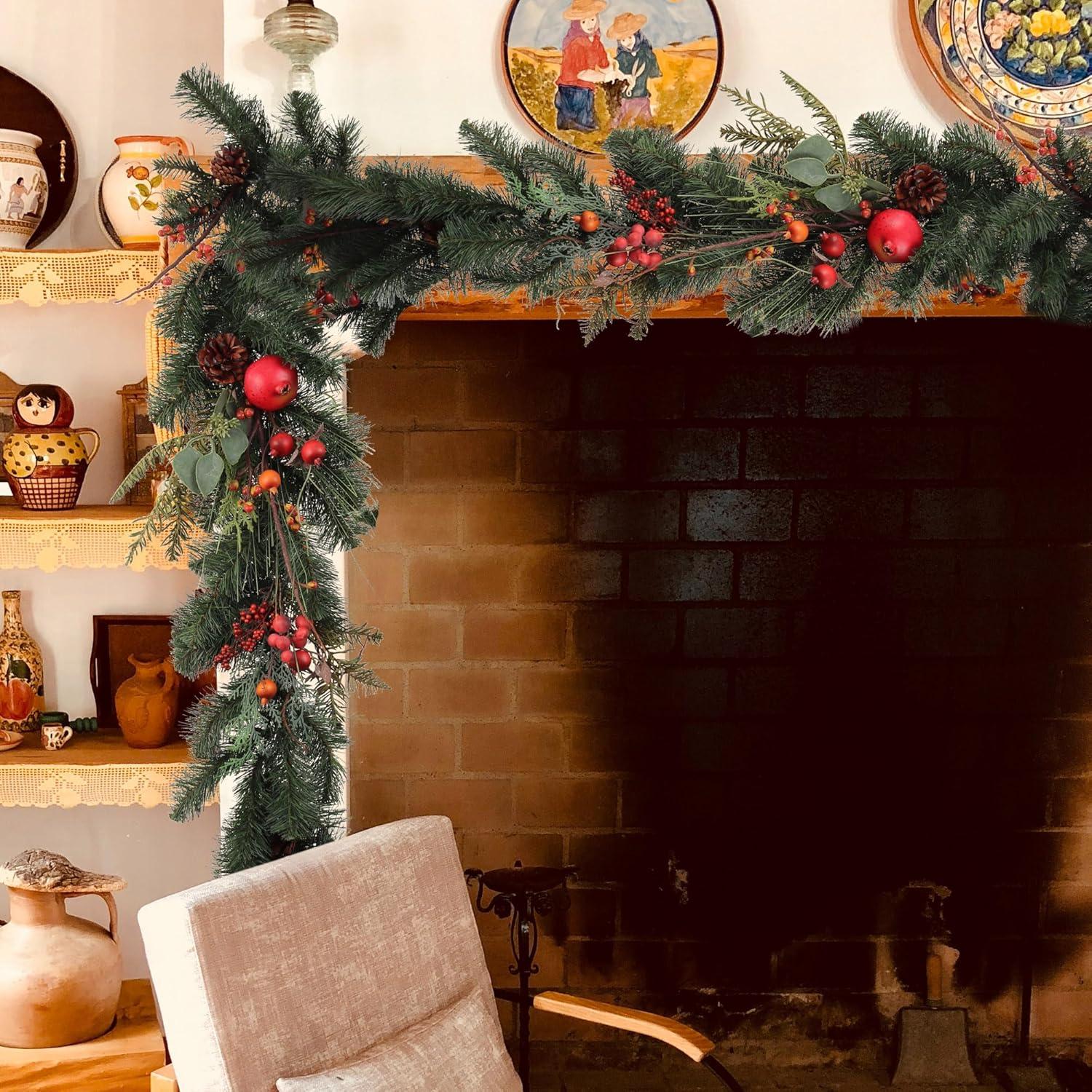 Holiday Pine with Cones, Berries, and Fruit - 6 Feet Long for Mantle, Front Door, Railings