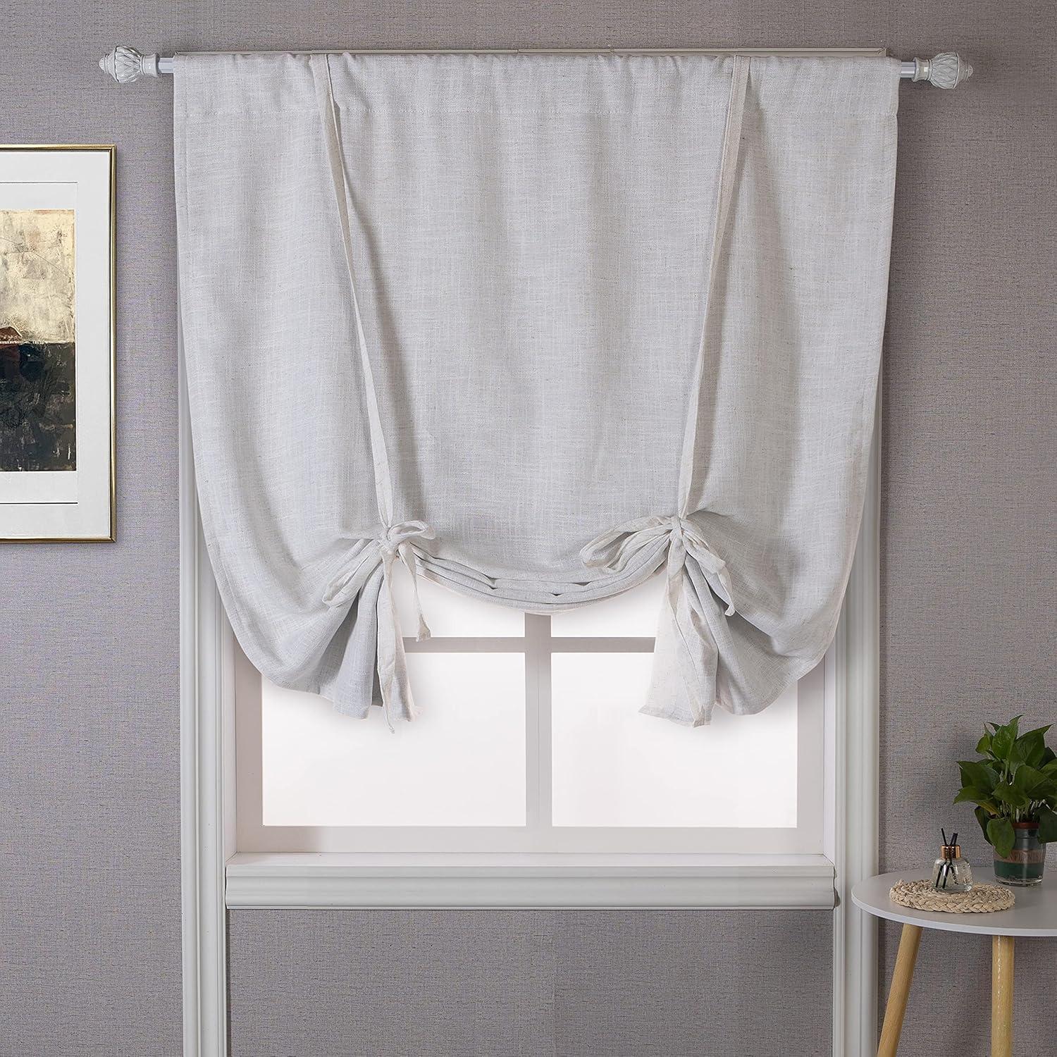 DriftAway Blackout Linen Textured Solid Basic Room Darkening Tie Up Curtain Adjustable Balloon Rod Pocket 63"L x 45"W Ivory