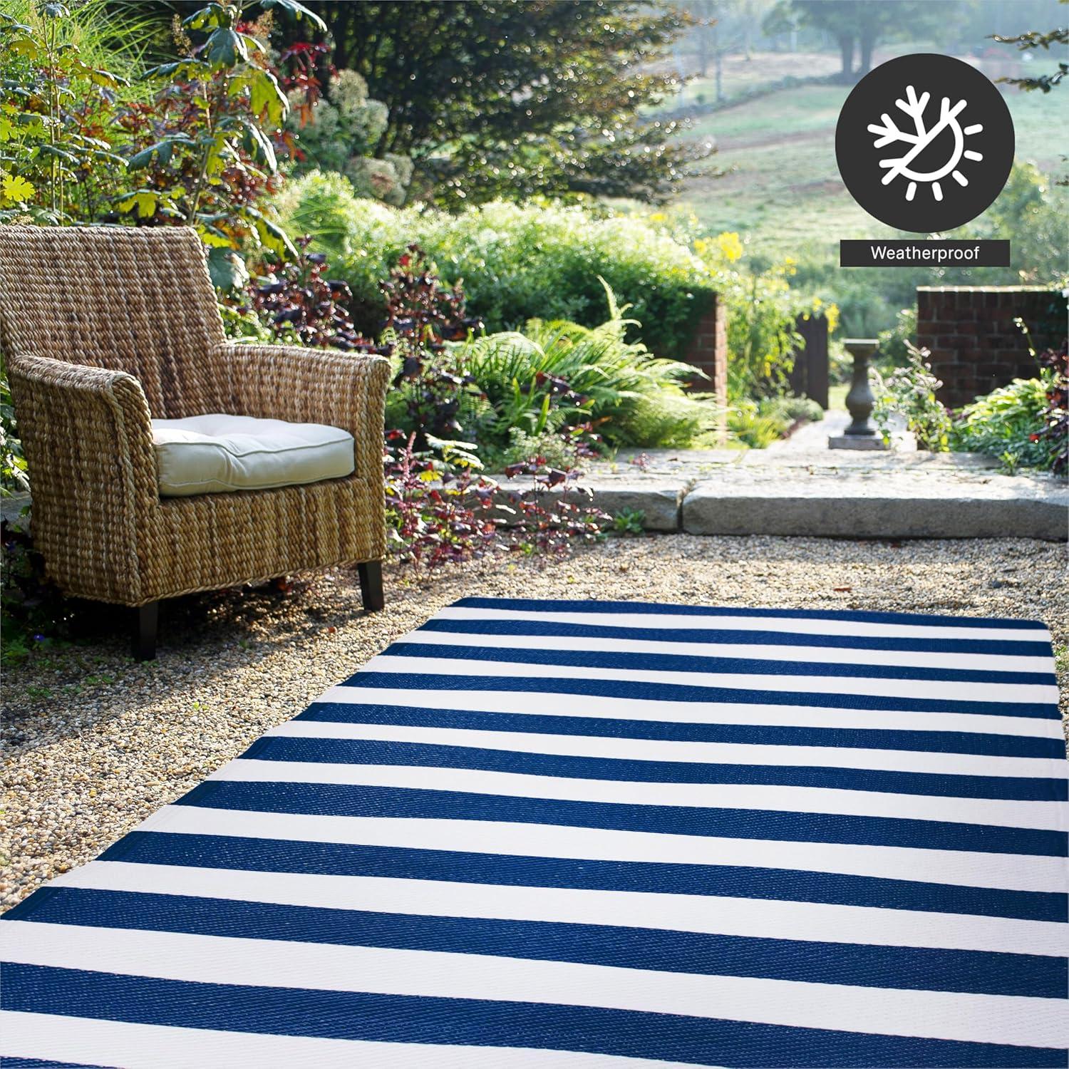 FH Home Outdoor Rug - Waterproof, Fade Resistant, Crease-Free - Premium Recycled Plastic - Striped - Patio, Deck, Porch, Balcony, Laundry Room - Brittany Stripe - Blue & White - 4 x 6 ft