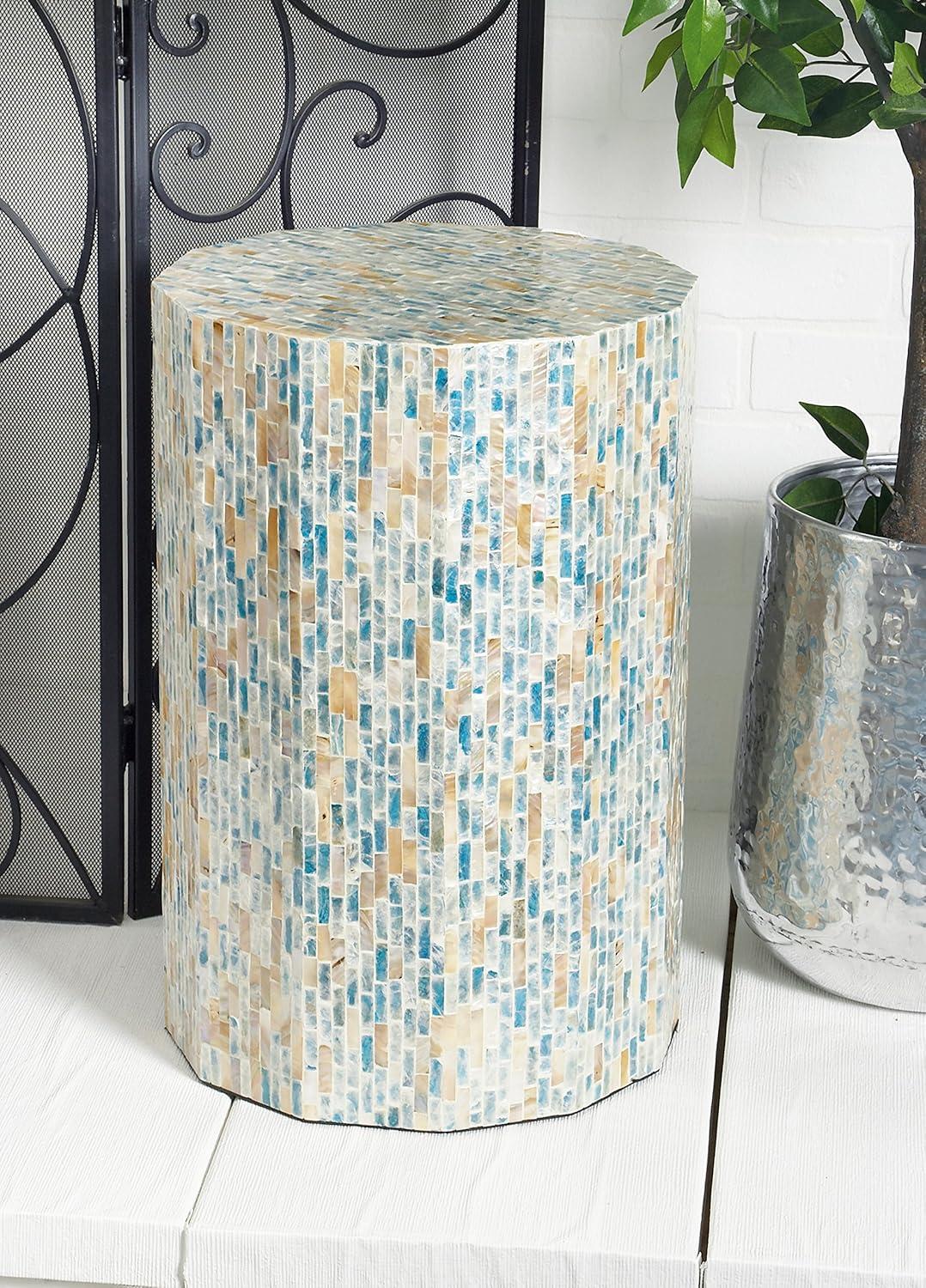 Elegant Blue Mother of Pearl 13" Round Wood Accent Table