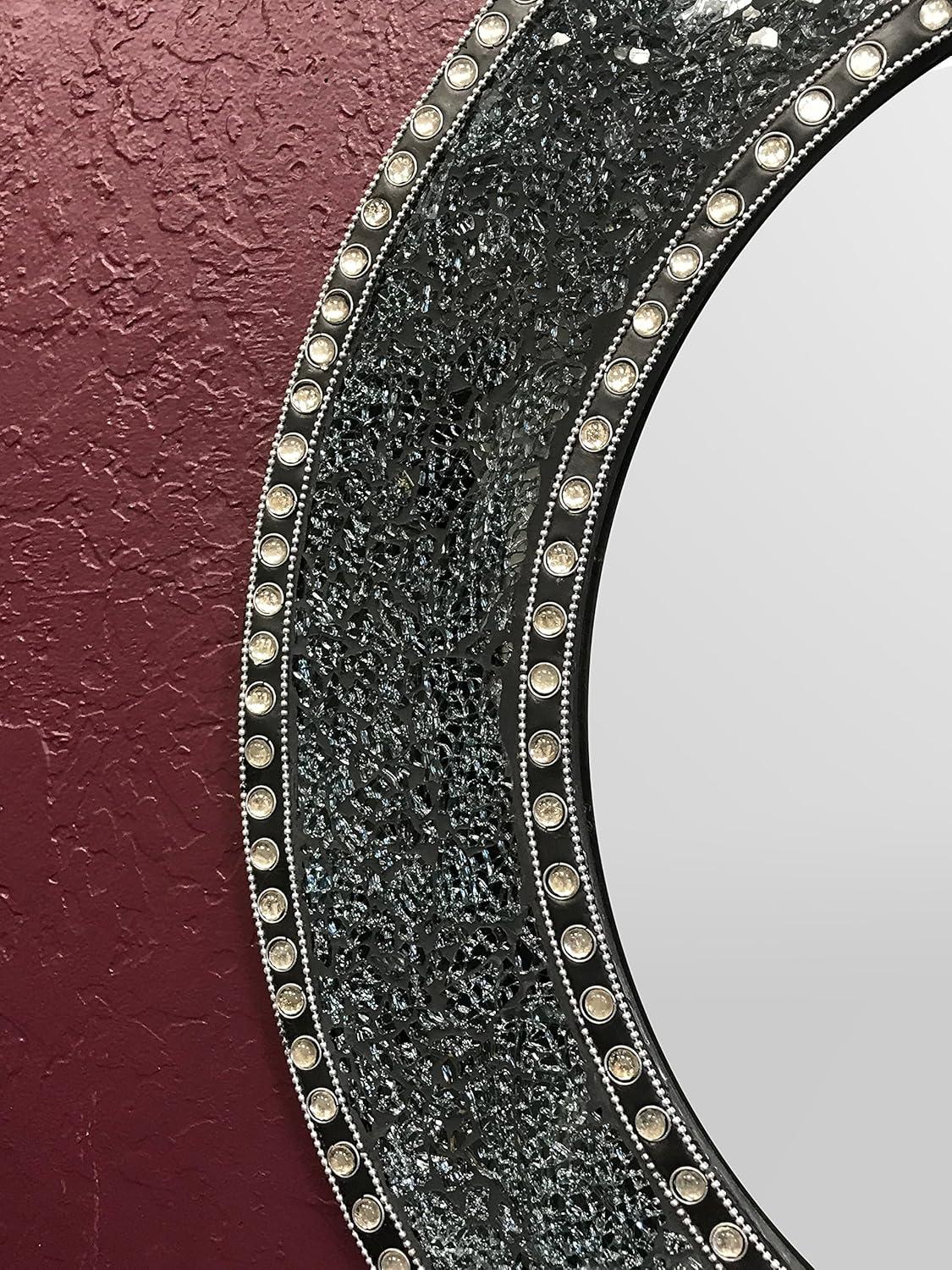 24-Inch Black Crackled Glass Mosaic Round Wall Mirror