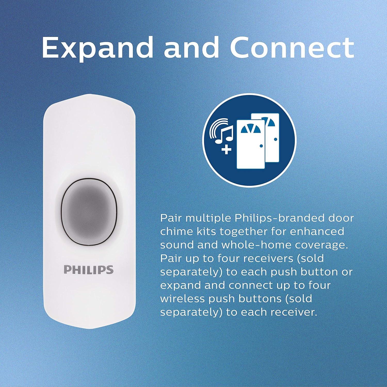 Philips Battery-Operated 32-Melody Door Chime, 1 Receiver, 1 Push Button, White, 6.4in, DES3140W/27