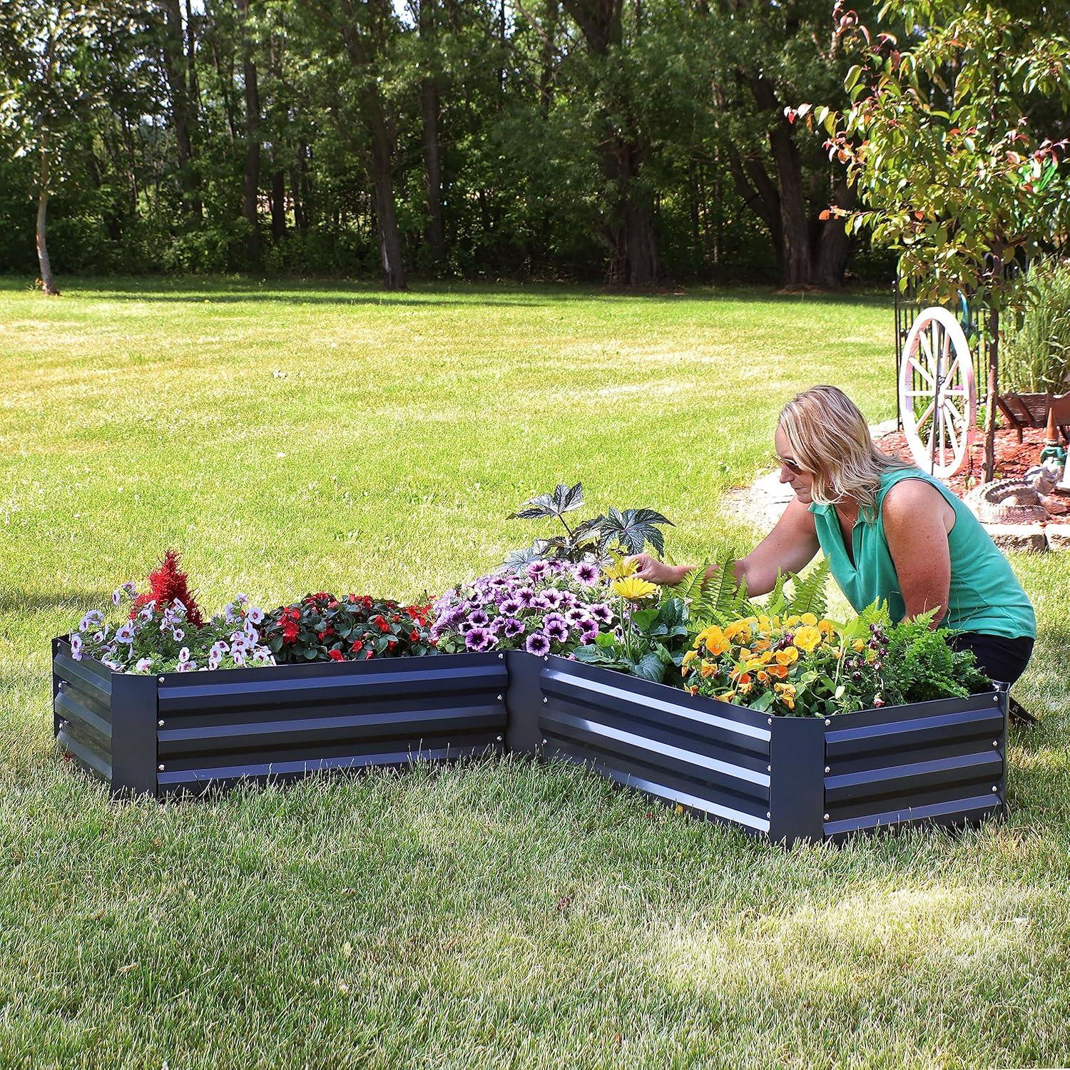 Sunnydaze Outdoor Galvanized Steel L-Shaped Raised Garden Bed for Plants, Vegetables, and Flowers - 59.5" - Dark Gray