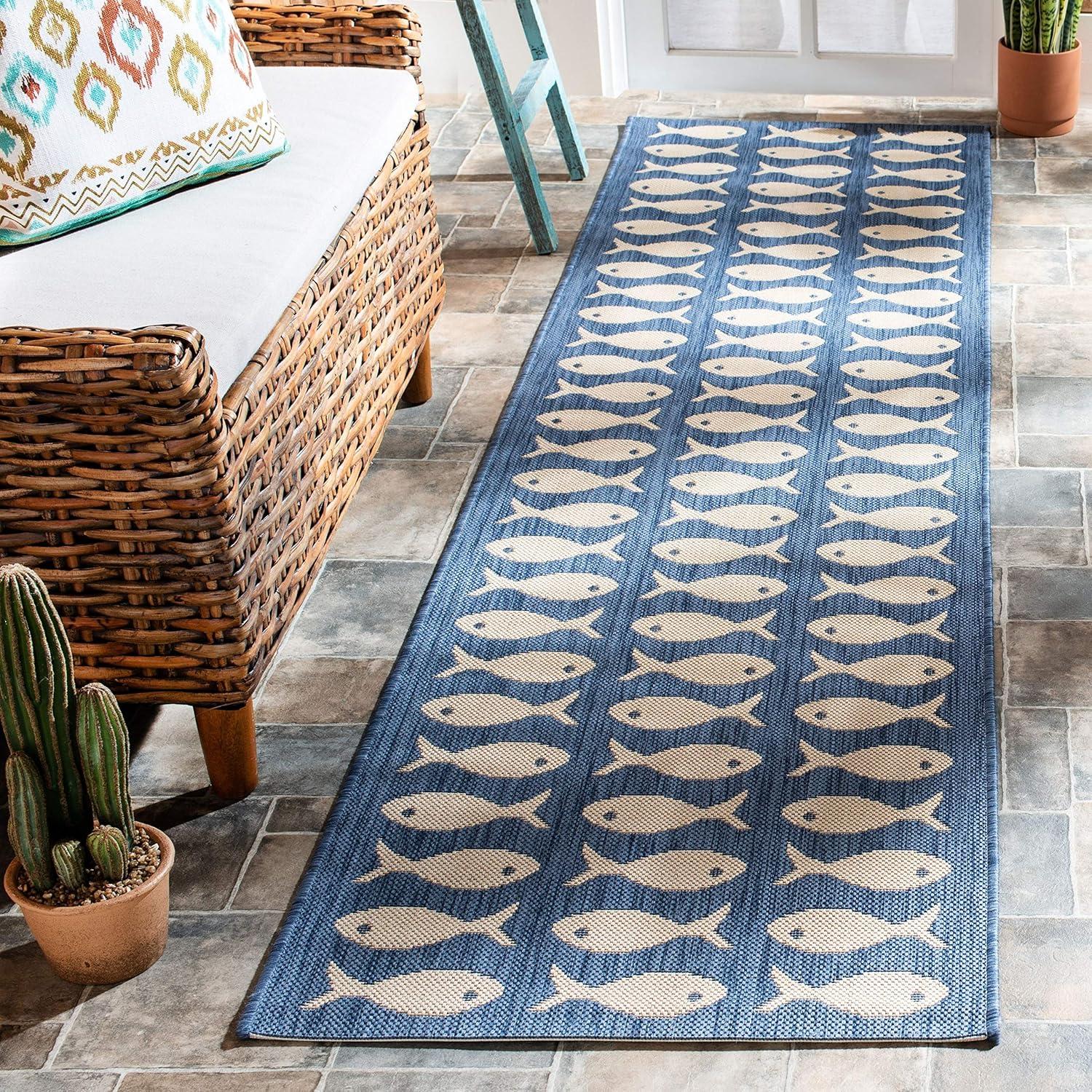 SAFAVIEH Courtyard Tranter Fishes Indoor/Outdoor Area Rug, Navy/Beige, 5'3" x 7'7"