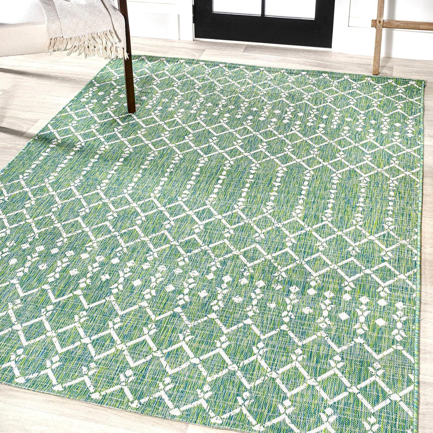 9' x 12' Ourika Moroccan Geometric Textured Weave Indoor/Outdoor Area Rug, Green/Cream - JONATHAN Y