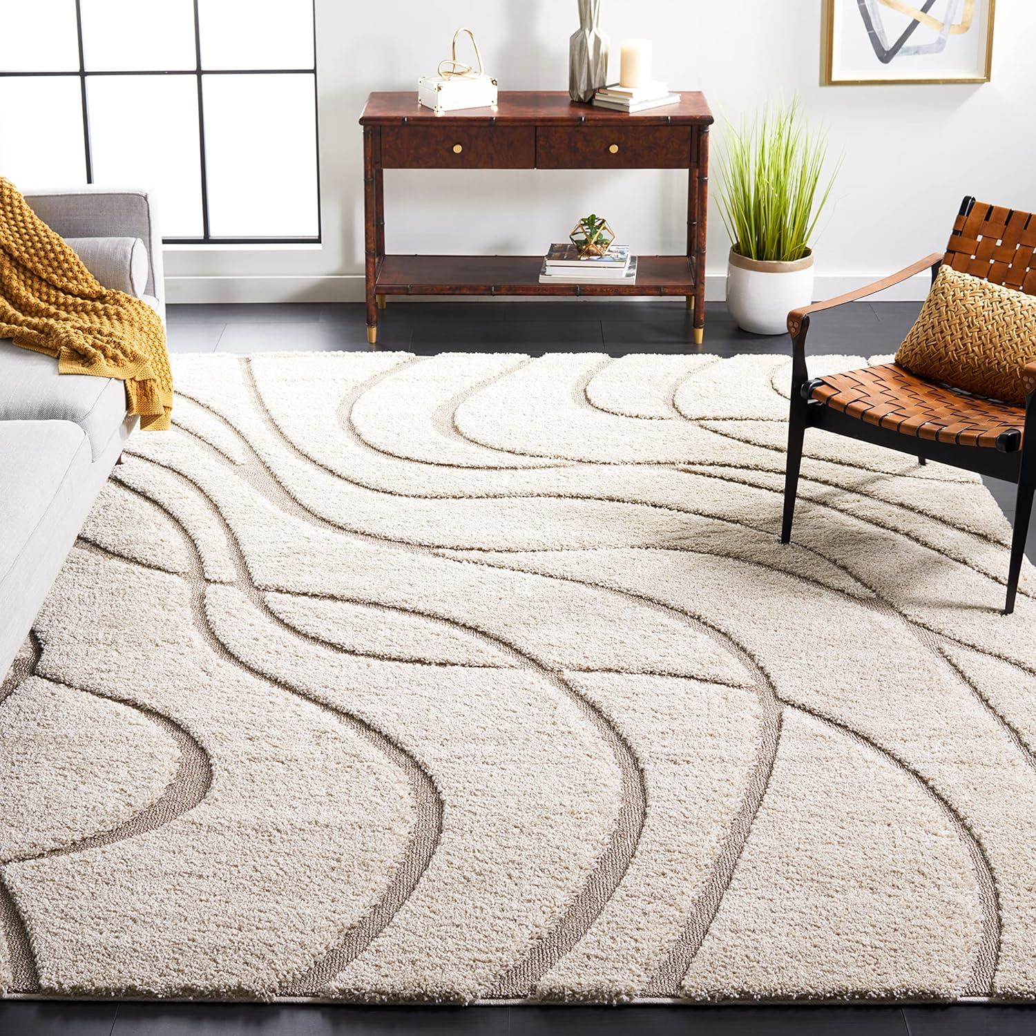 SAFAVIEH Florida Tamzen Abstract Shag Area Rug, Cream/Beige, 6'7" x 6'7" Square