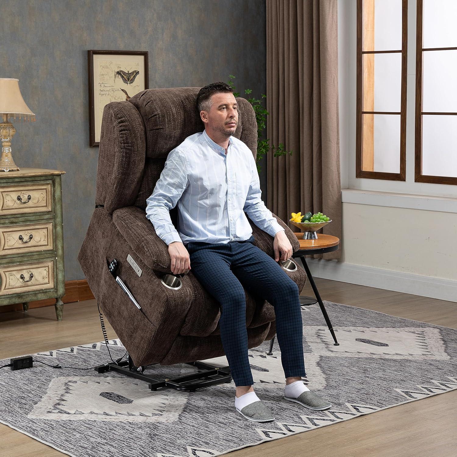 Power Lift Chair with Full-Body Massage and Heat, Electric Recliner Chairs for Adults, Remote Control, Standing Assistance, USB Ports, Stainless Steel Cup Holders, Chenille Brown