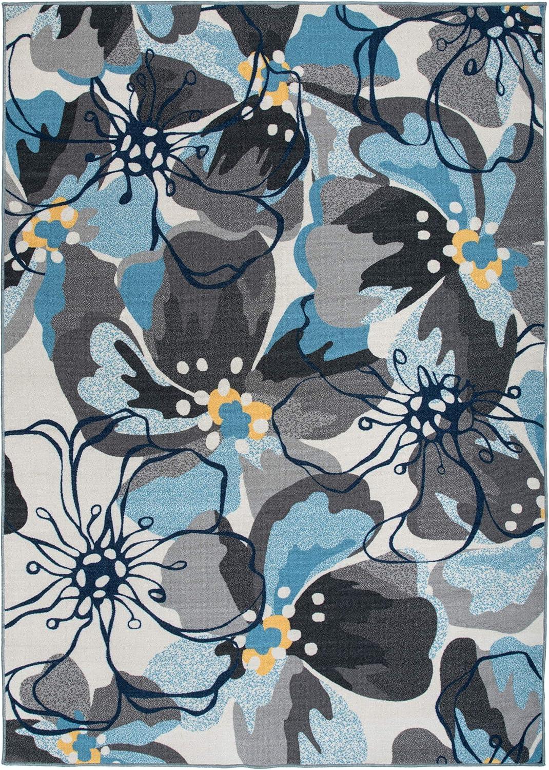 World Rug Gallery  Modern Floral Non-Slip Area Rug Ivory, Blue, Grey 6'6"x9' Pet Friendly, Stain Resistant, Non Slip 6' x 9', 7' x 9' Indoor Living
