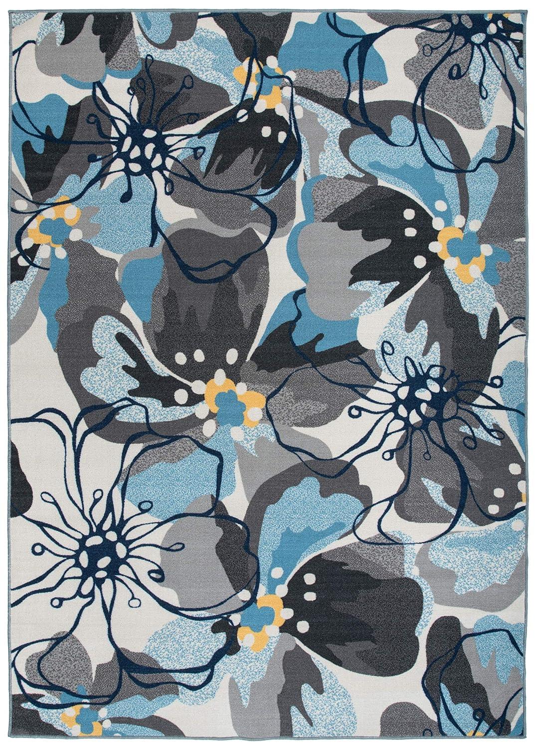 World Rug Gallery  Modern Floral Non-Slip Area Rug Ivory, Blue, Grey 6'6"x9' Pet Friendly, Stain Resistant, Non Slip 6' x 9', 7' x 9' Indoor Living