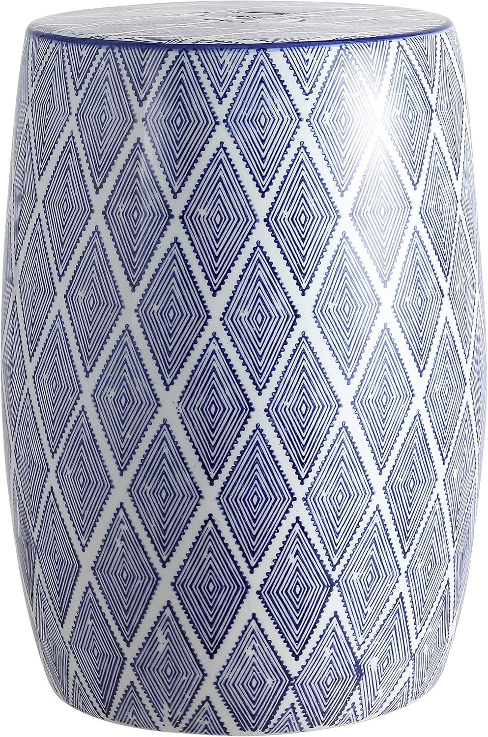 Blue and White Ceramic Diamond Drum Garden Stool