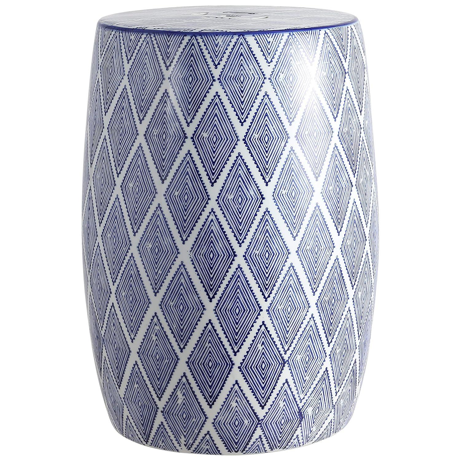 Moroccan Diamonds 18" Ceramic Drum Garden Stool, Blue/White - JONATHAN Y