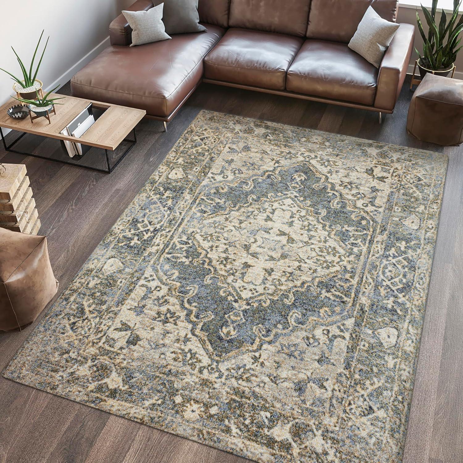 JONATHAN Y Pavel Distressed Medallion Low-Pile Machine-Washable Blue/Cream 3 ft. x 5 ft. Area Rug