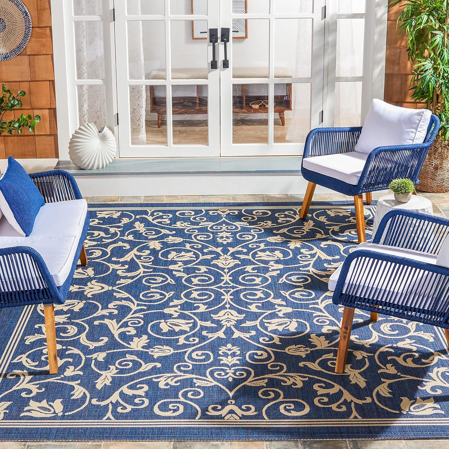 Courtyard CY2098 Power Loomed Indoor and Outdoor Area Rug - Navy/Beige - 6'7"x6'7" - Safavieh