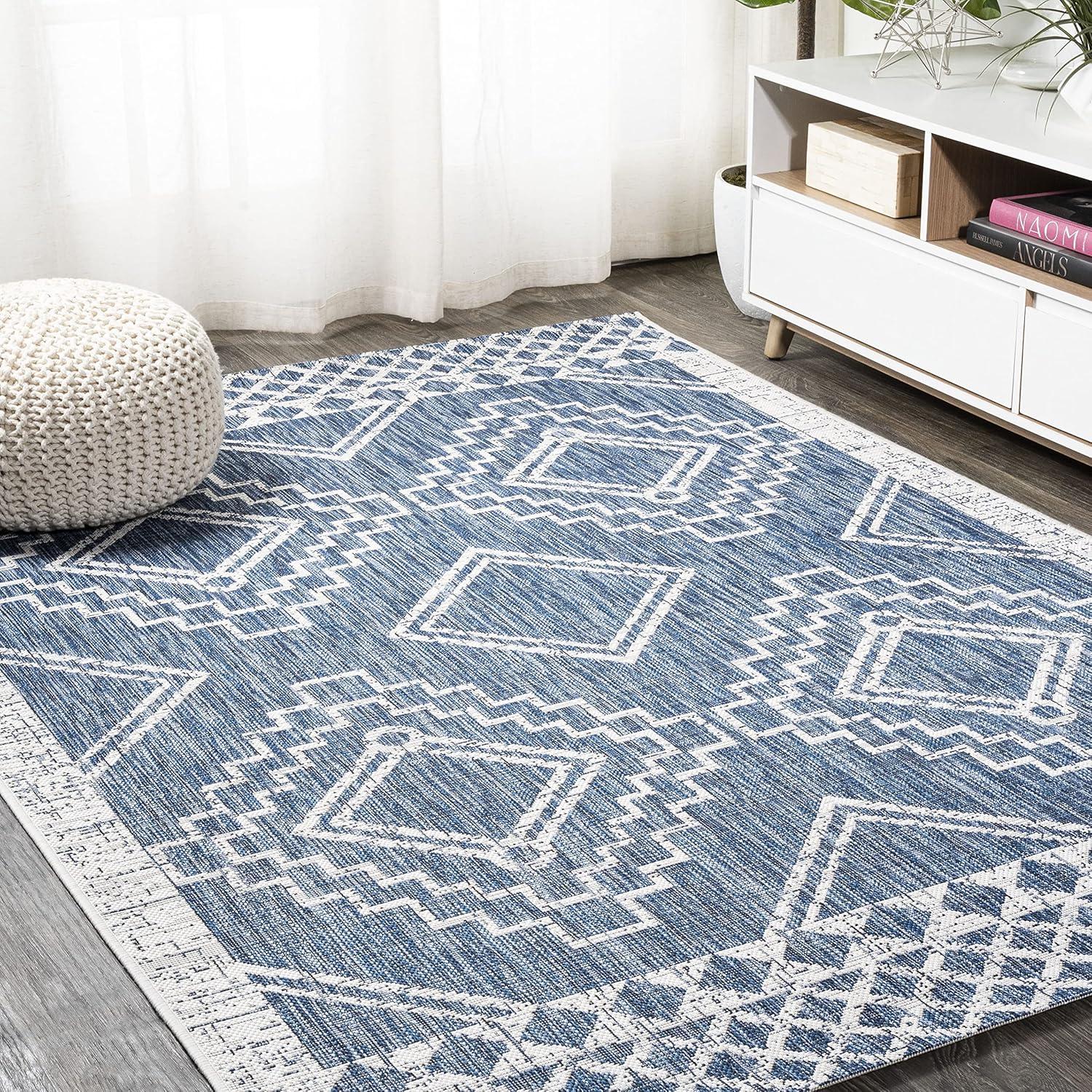 3'x5' Marokko Diamond  Medallion Indoor/Outdoor Area Rug, Blue/Ivory - JONATHAN Y
