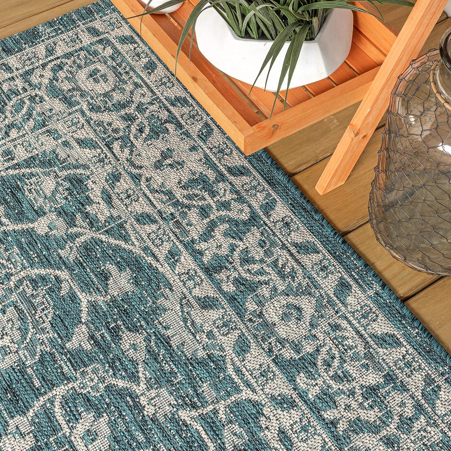 5' Round Palazzo Vine and Border Textured Weave Indoor/Outdoor Area Rug, Teal/Gray - JONATHAN Y