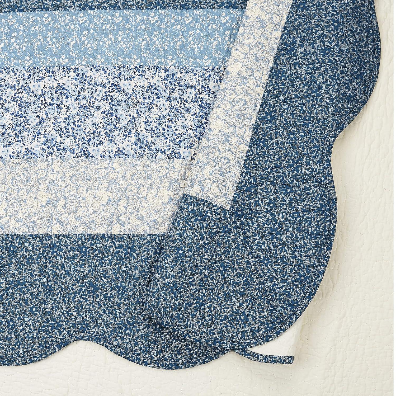Modern Heirloom Queen Charlotte Bedspread Blue: Floral Pattern, Machine Washable, Plain Weave