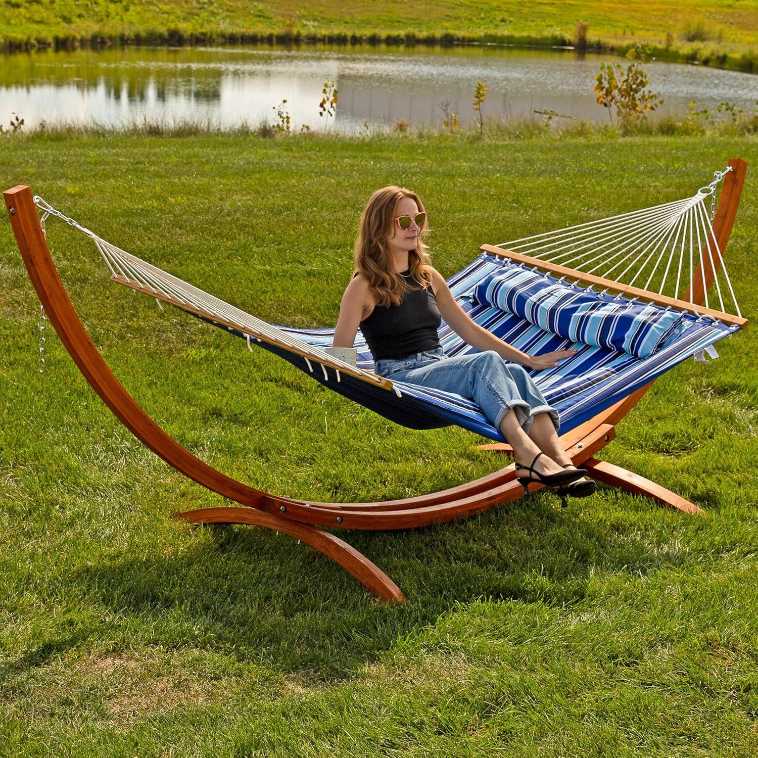 Sunnydaze Quilted Double Fabric 2-Person Hammock with Curved Arc Wood Stand - 400 lb Weight Capacity/13' Stand - Catalina Beach