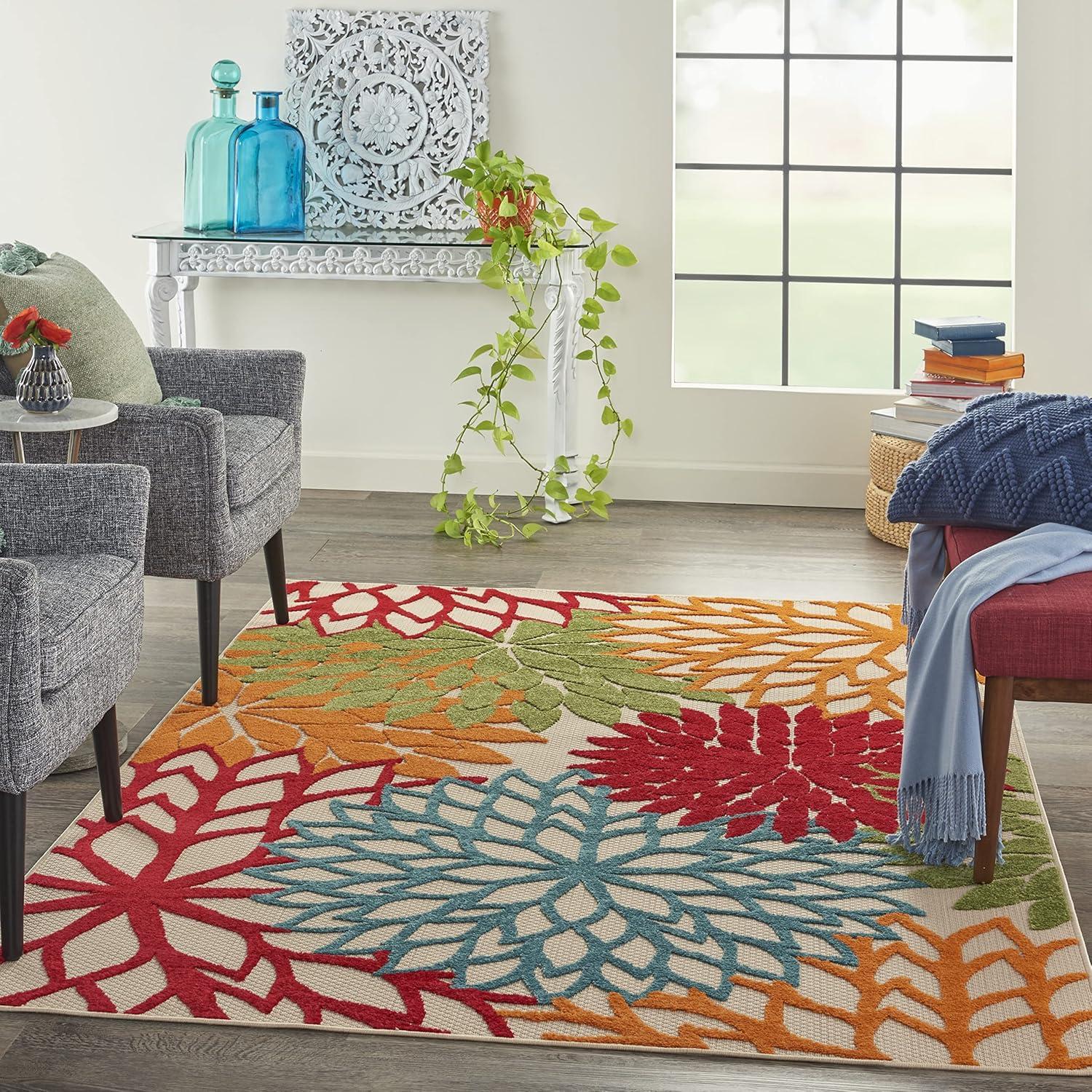 Nourison Aloha Floral Bloom Flatweave High-Low Indoor Outdoor Area Rug Green 3'6" x 5'6"