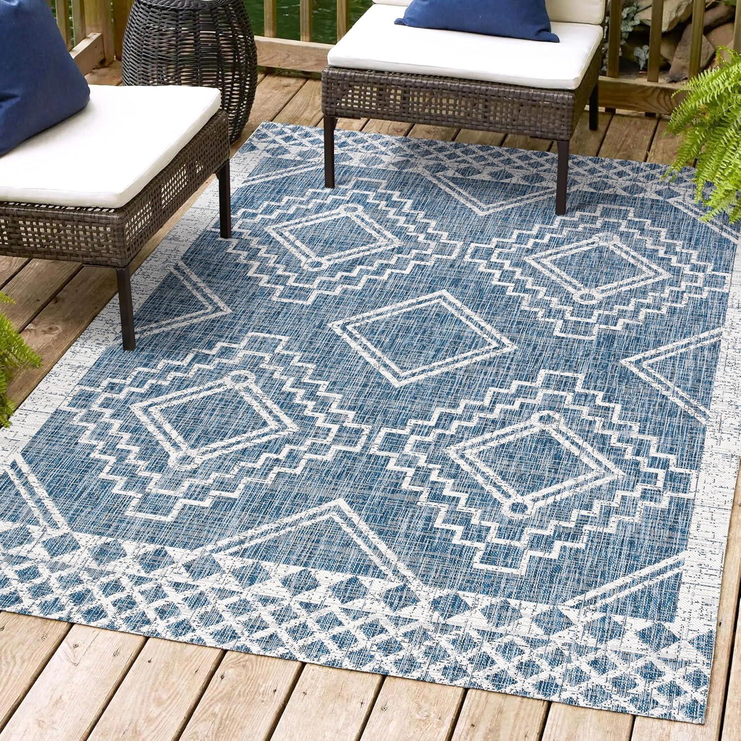 3'x5' Marokko Diamond  Medallion Indoor/Outdoor Area Rug, Blue/Ivory - JONATHAN Y