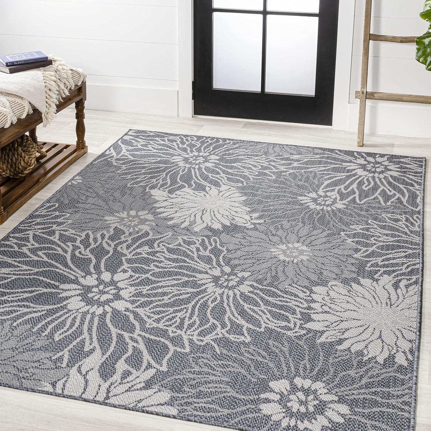 5' x 8' Bahamas Modern All-Over Floral Indoor/Outdoor Area Rug, Navy/Gray - JONATHAN Y