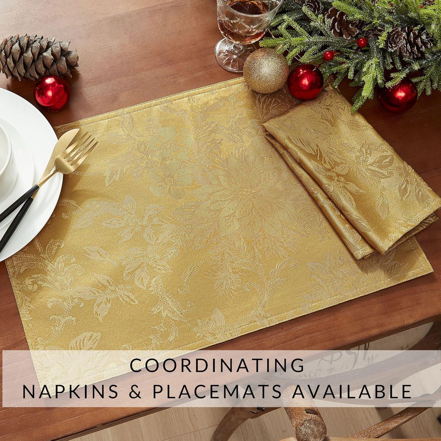 Poinsettia Elegance Jacquard Holiday Tablecloth - 52" Square - Gold - Elrene Home Fashions
