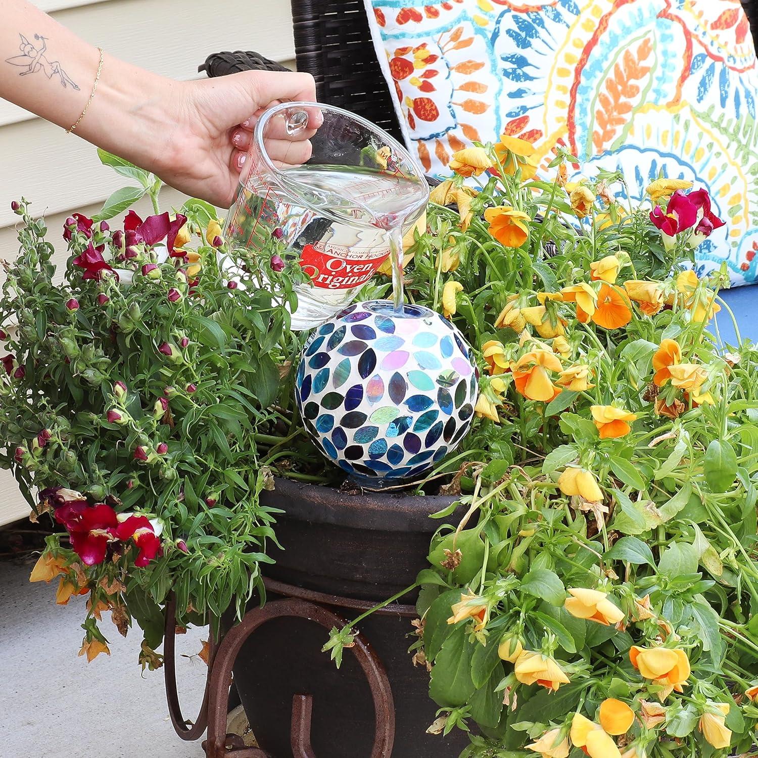 Sunnydaze Outdoor Mosaic Glass Watering Globe with Clay Spike for Planters - 9.5" - Spring Petals