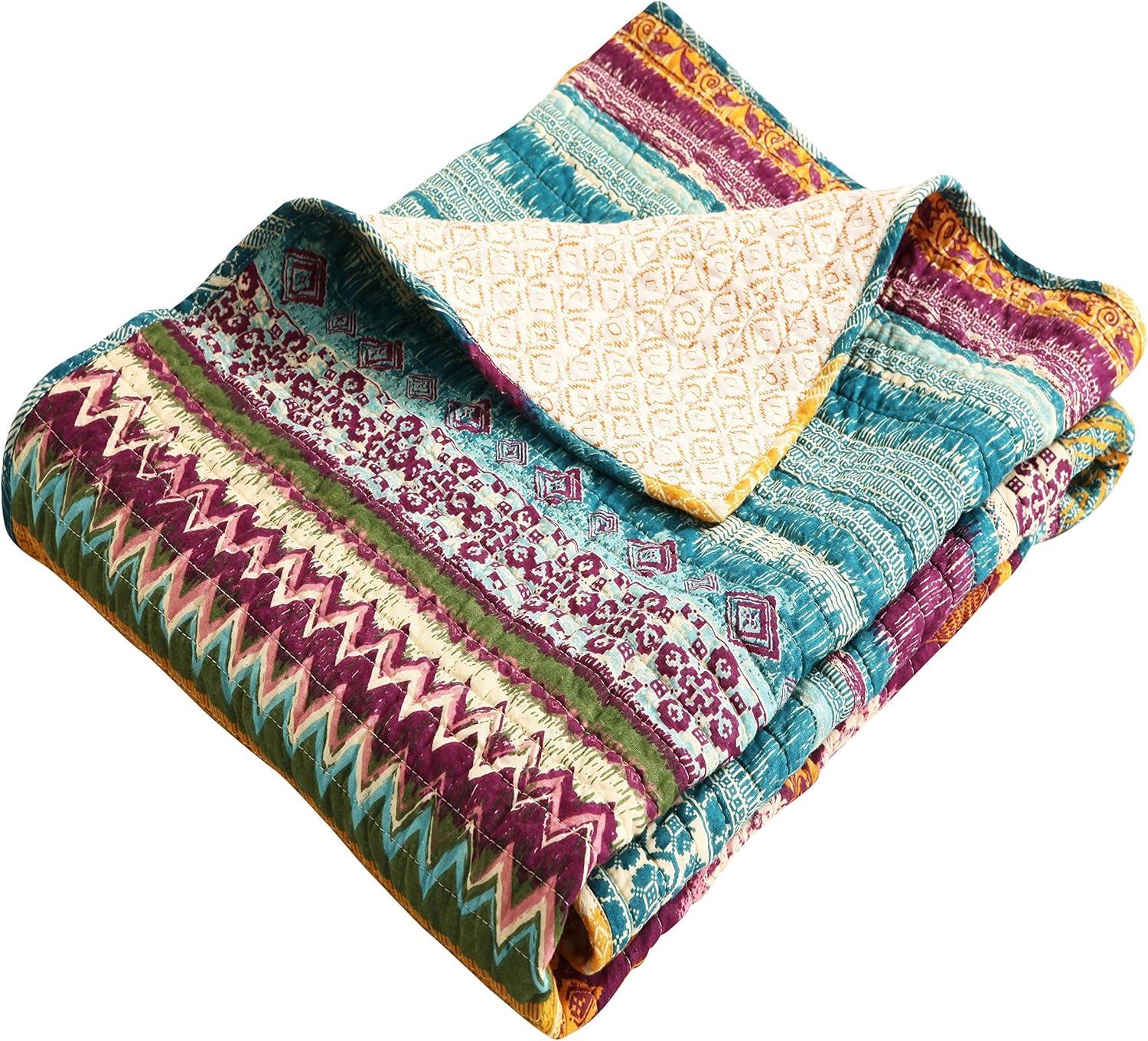 Southwest Reversible Cotton Throw Blanket, Fuchsia and Spruce