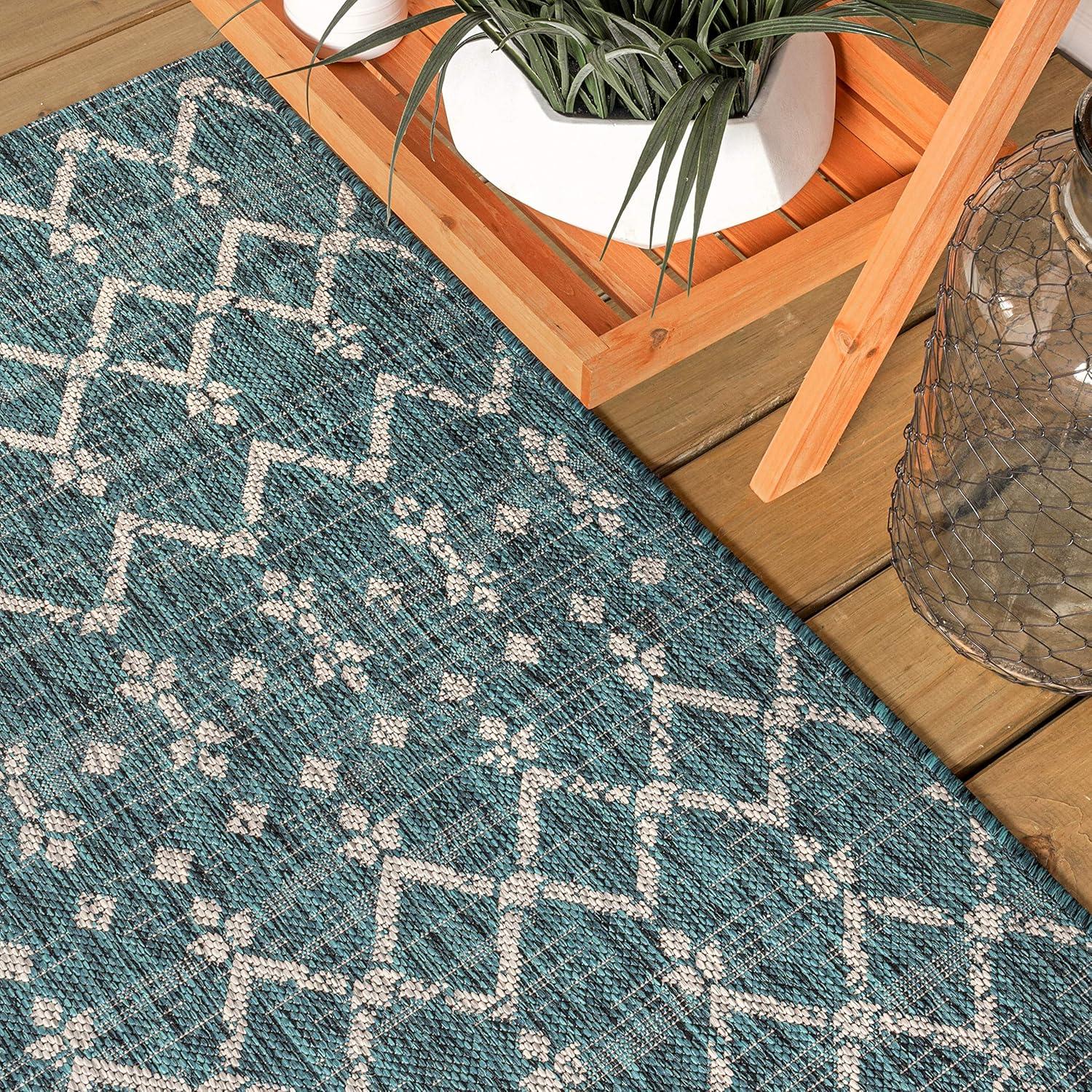 5'x8' Ourika Moroccan Geometric Textured Weave Indoor/Outdoor Area Rug, Teal/Gray - JONATHAN Y