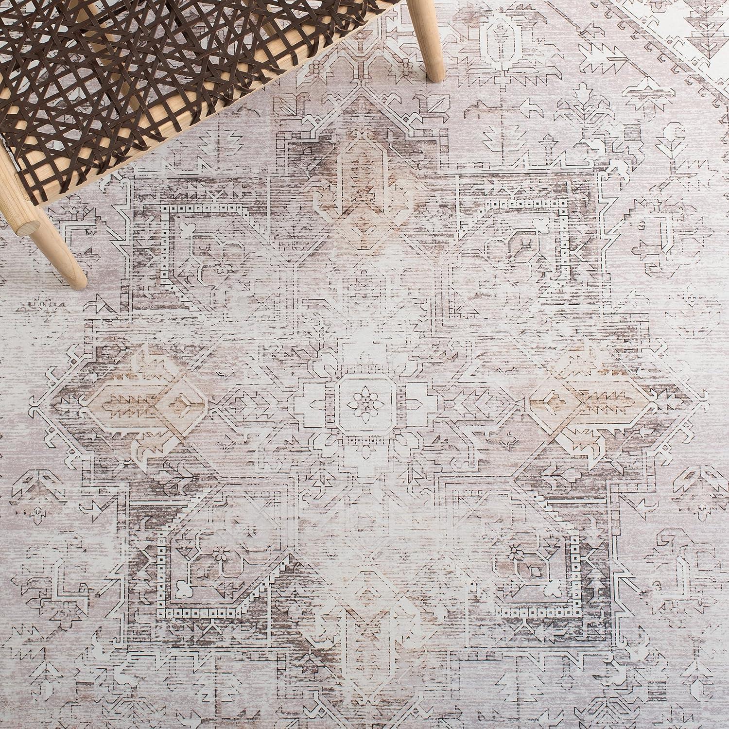 SAFAVIEH Tucson Jayla Traditional Machine Washable Area Rug, Beige/Grey, 8' x 8' Square