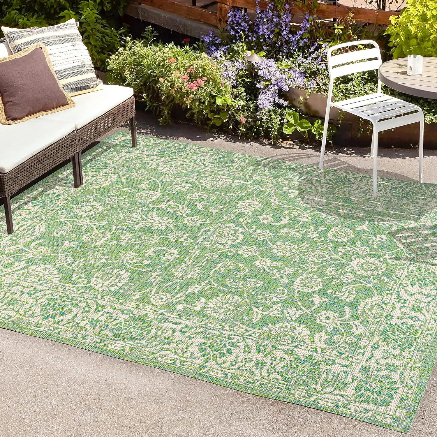 9' x 12' Tela Bohemian Textured Weave Floral Indoor/Outdoor Area Rug, Cream/Green - JONATHAN Y