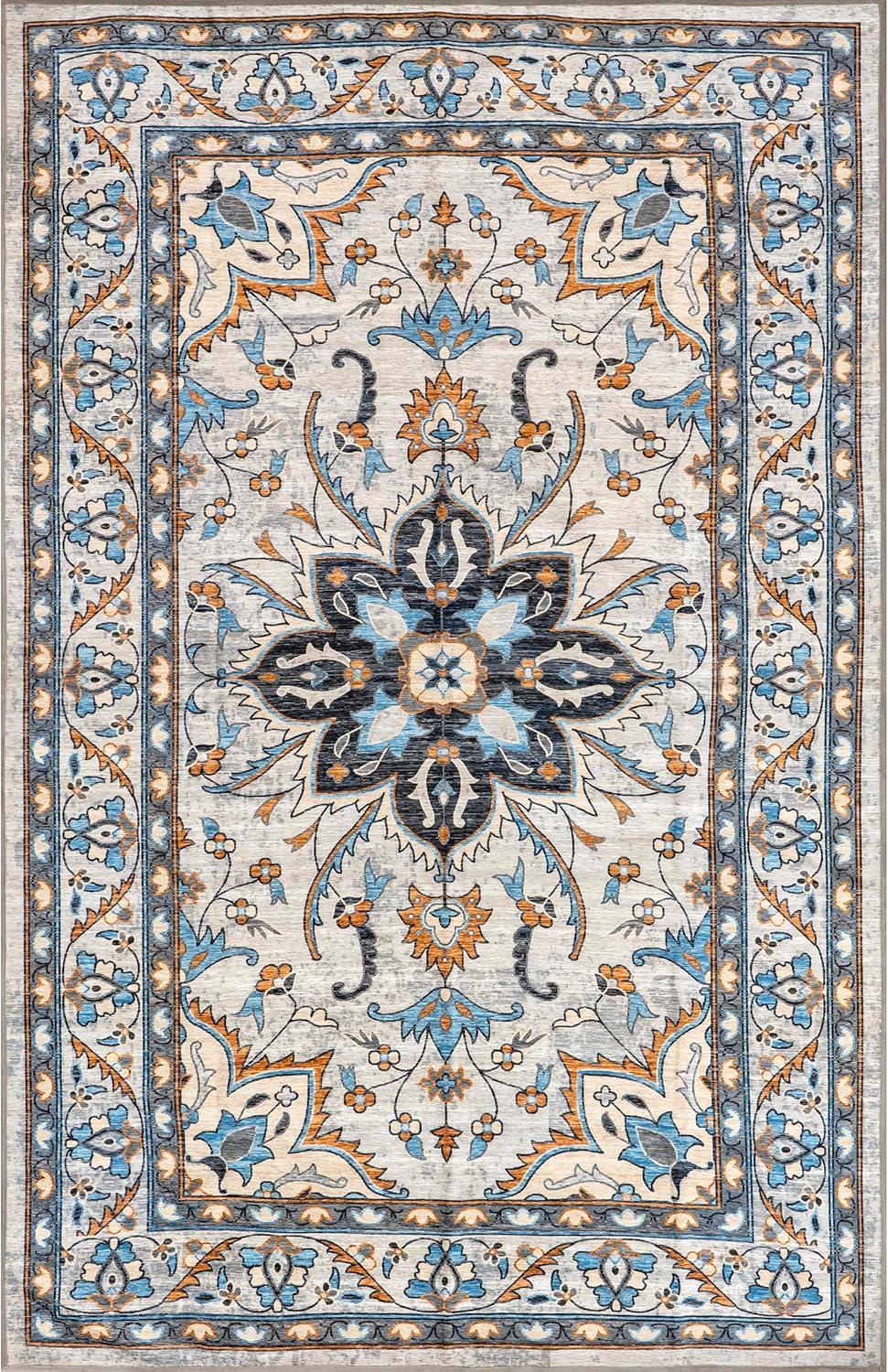 nuLOOM Teshi Floral Medallion Machine Washable Area Rug, 5' x 8', Blue