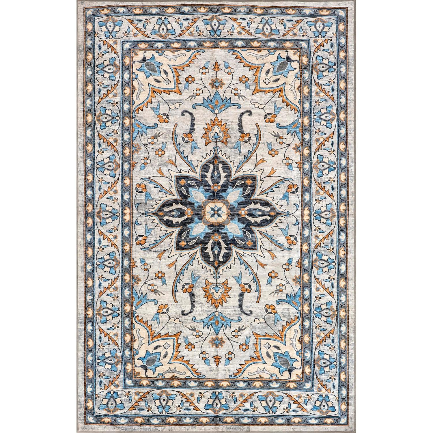 nuLOOM Teshi Floral Medallion Machine Washable Area Rug, 5' x 8', Blue