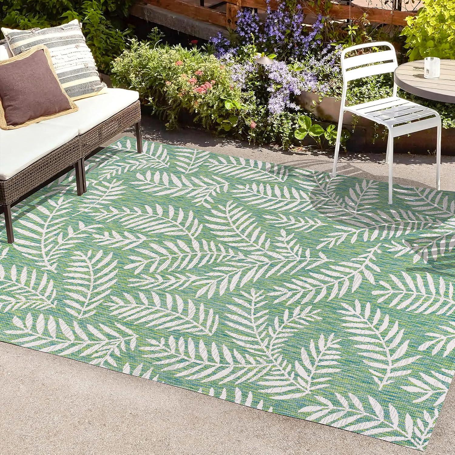3' x 5' Nevis Palm Frond Indoor/Outdoor Area Rug, Cream/Green - JONATHAN Y