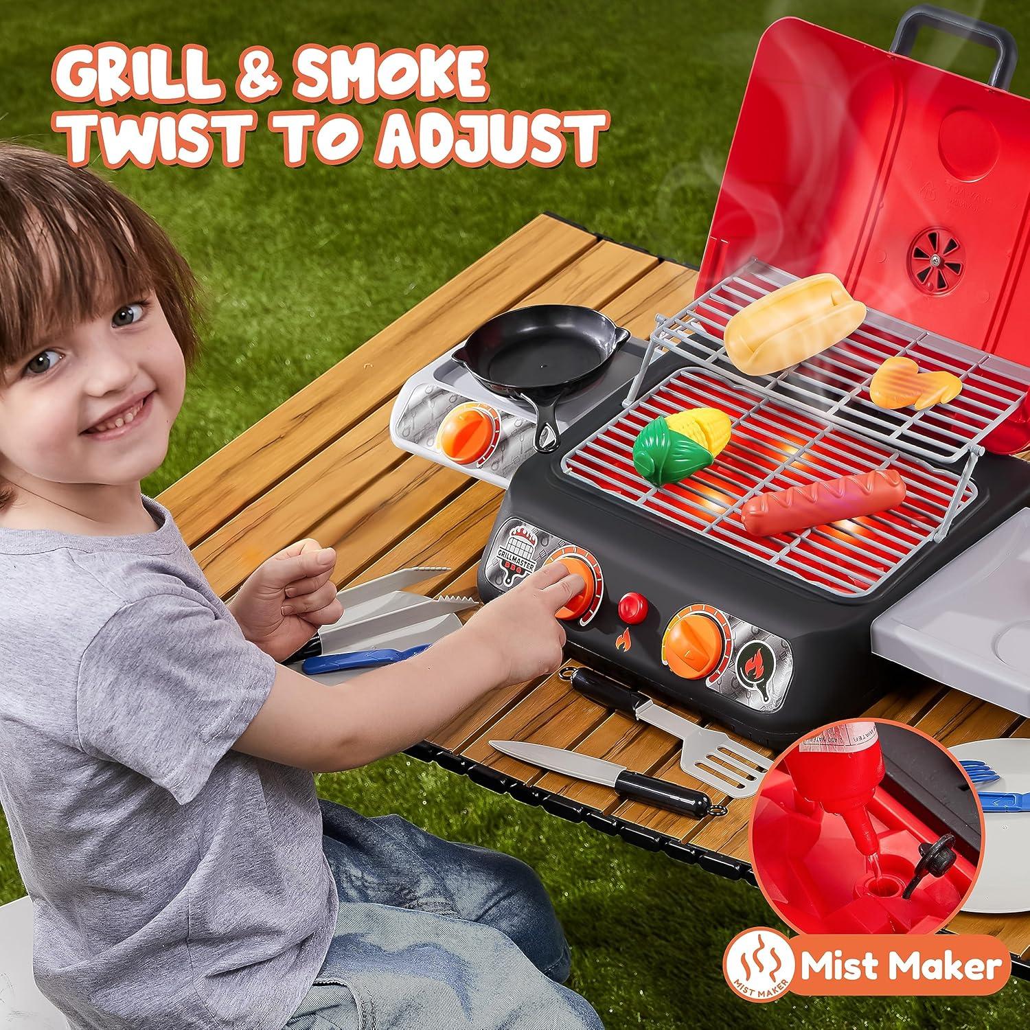 Kids BBQ Grill Playset, Kitchen Toy Set with Pretend Smoke, Light,Indoor Outdoor Cooking Toy for Boys Girls Kids