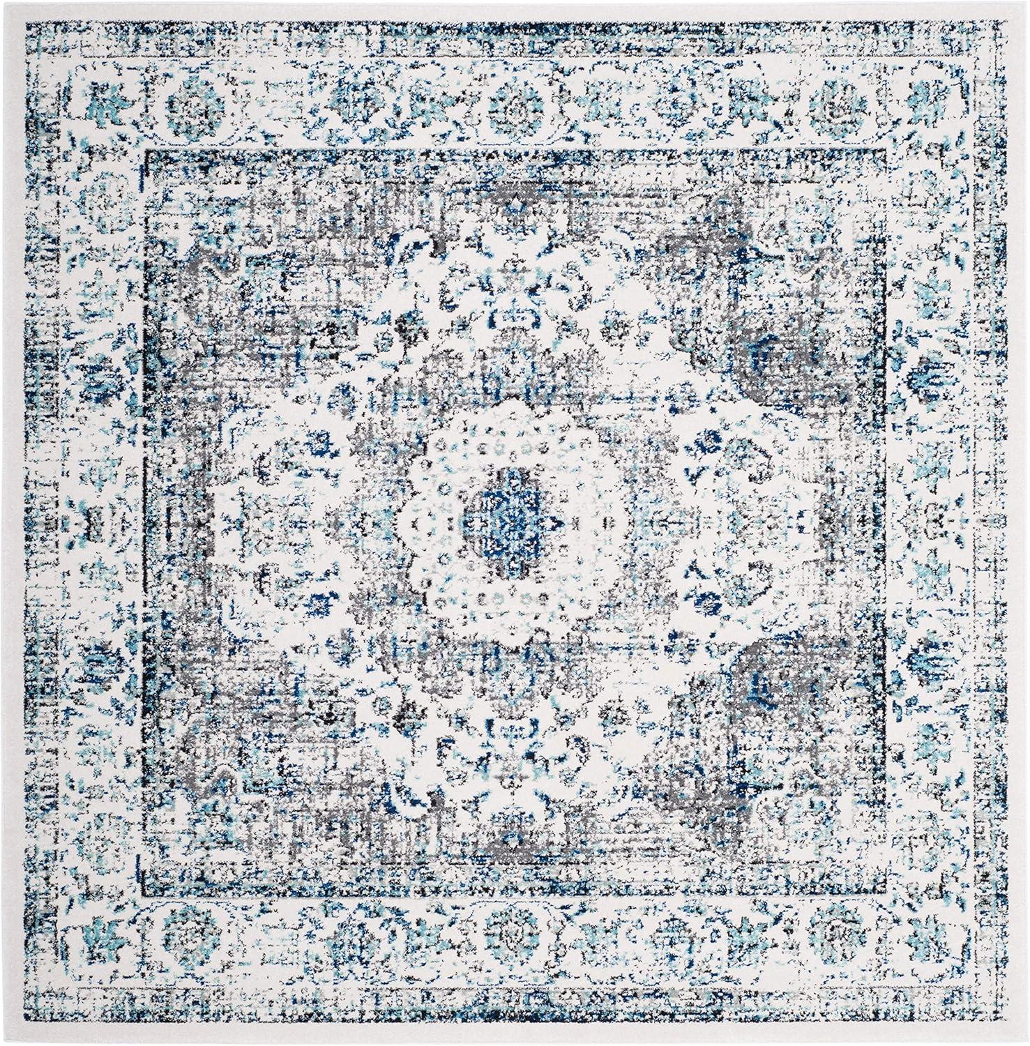 Chic Elegance 9' Square Grey & Ivory Floral Synthetic Area Rug