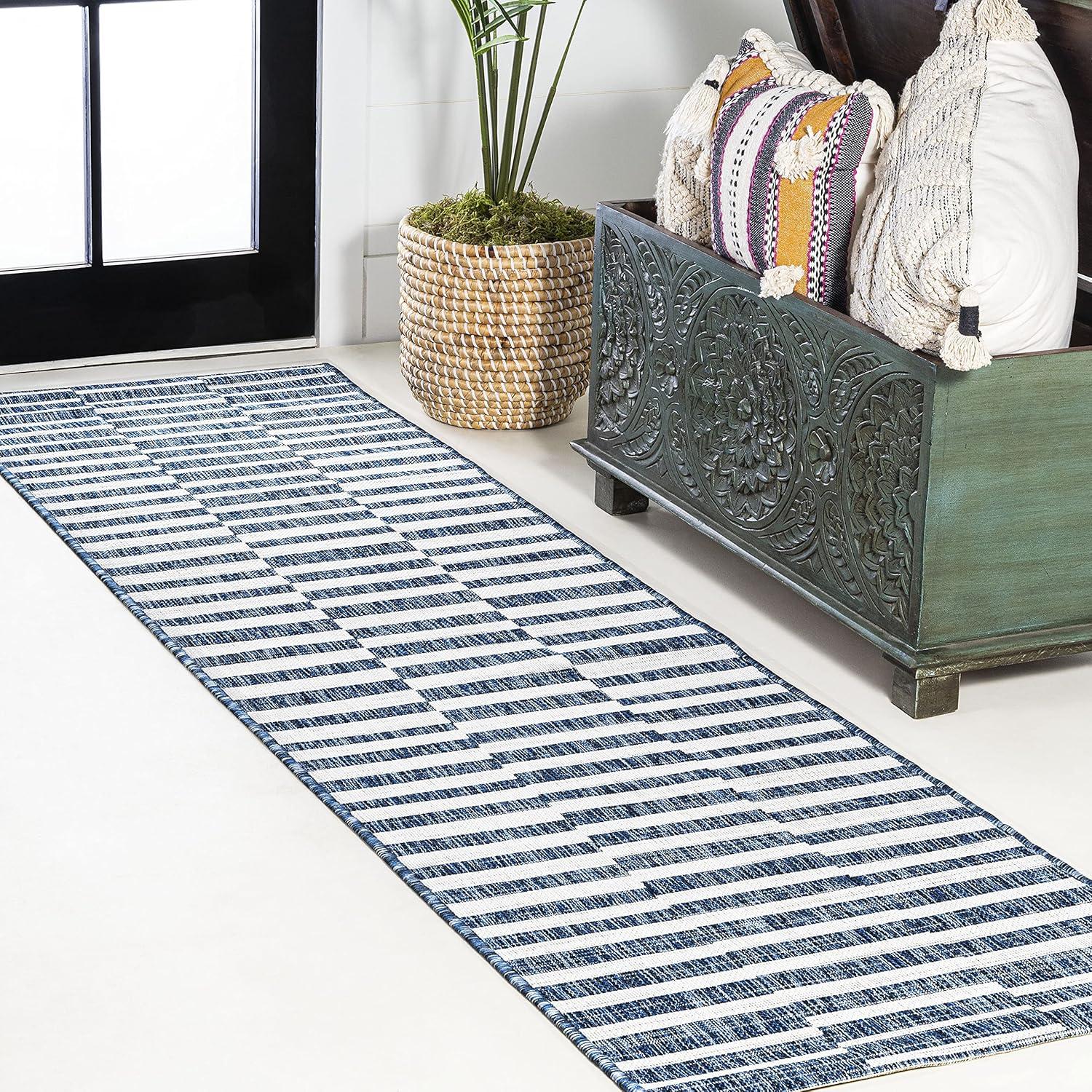 2'x8' Sukie Modern Offset Stripe Indoor/Outdoor Runner Rug, Blue/Ivory - JONATHAN Y