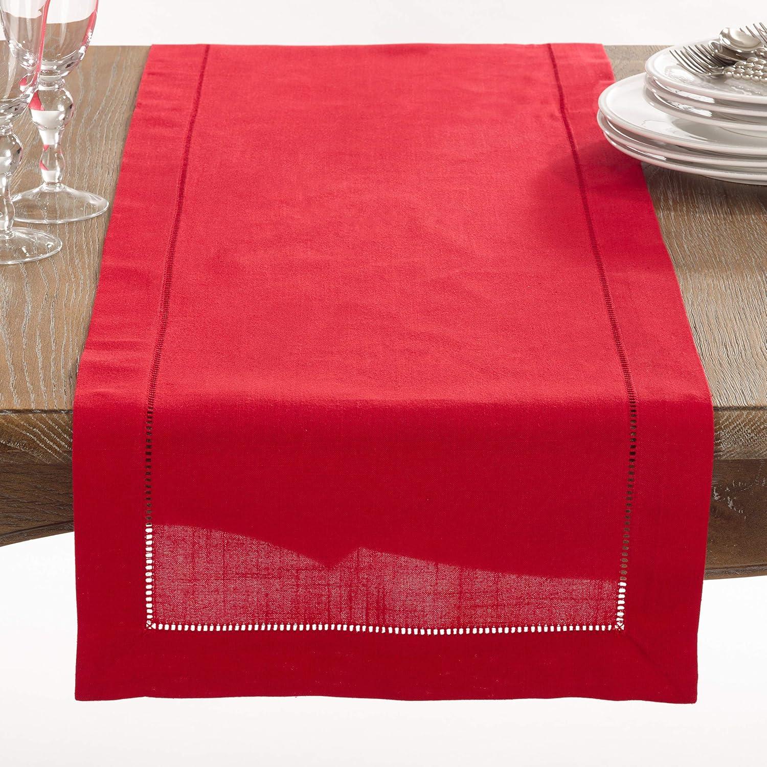 Saro Lifestyle Classic Hemstitch Border Table Runner, Red, 16"x 54"