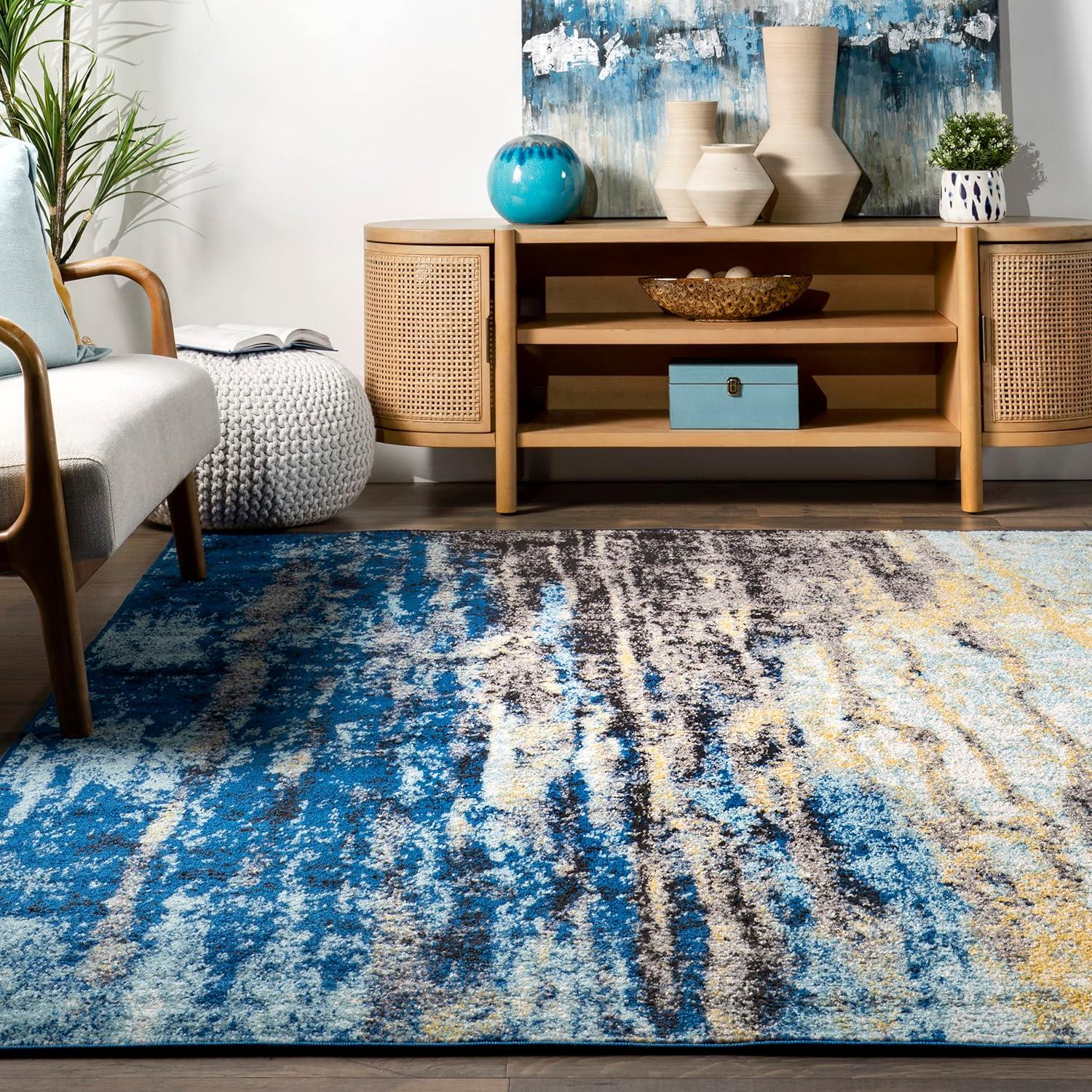 Modern Abstract Blue 8' Square Synthetic Area Rug