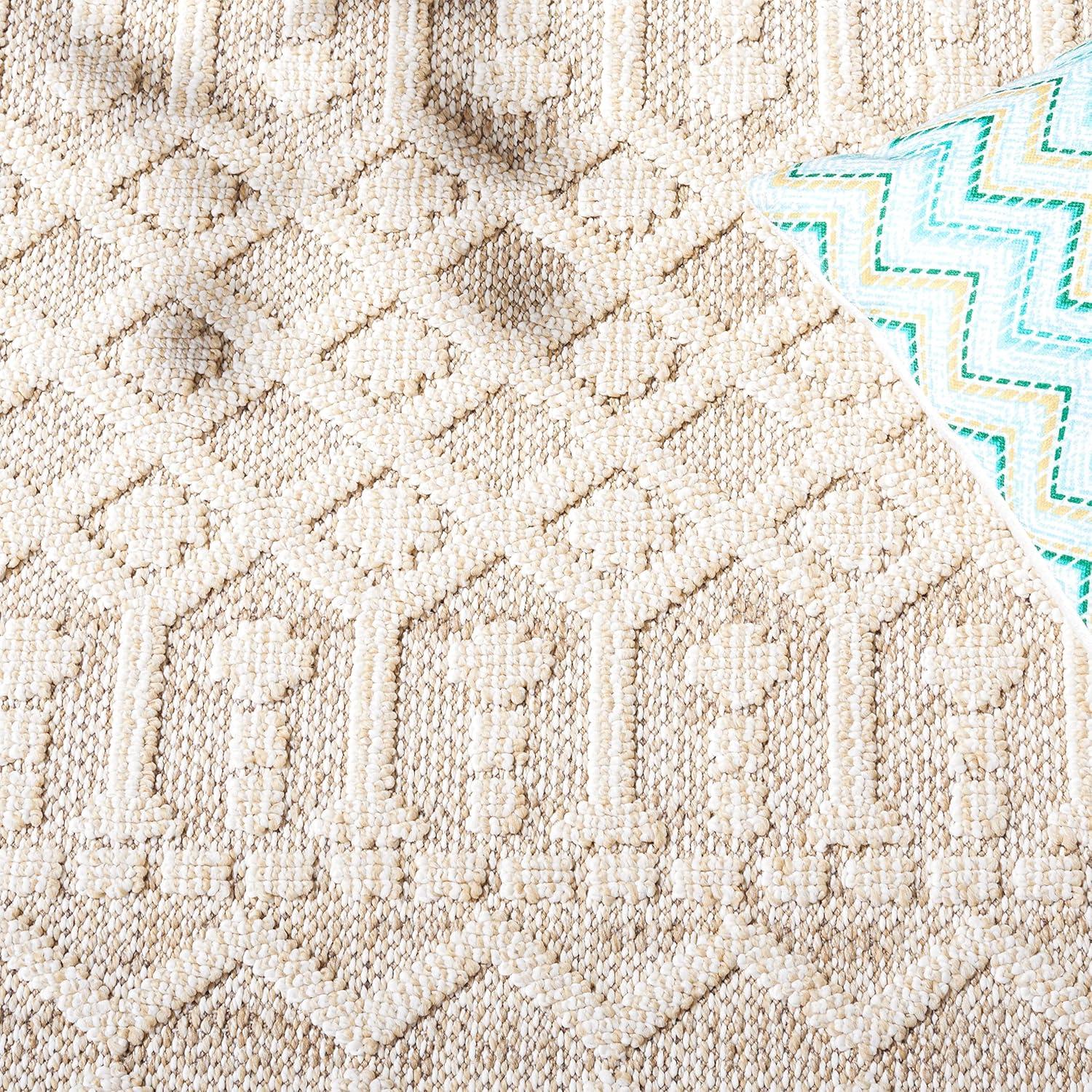 Beige and Ivory Geometric Washable Indoor/Outdoor Rug