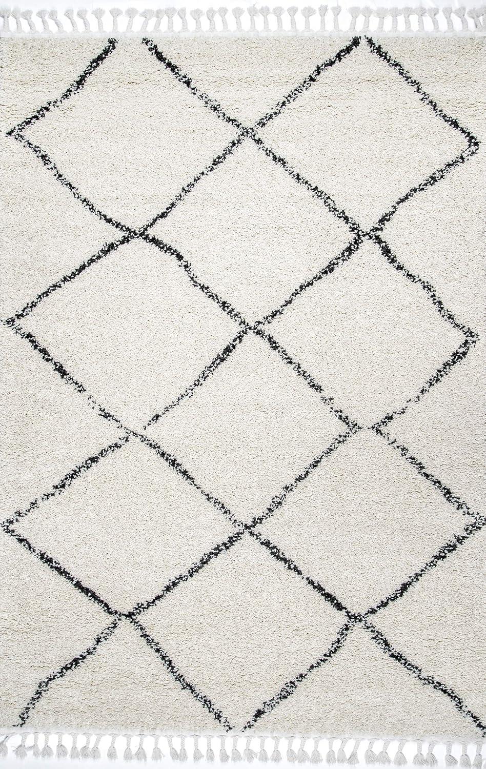 Off-White Braided Shag Square Area Rug with Tassels, 6'x6'