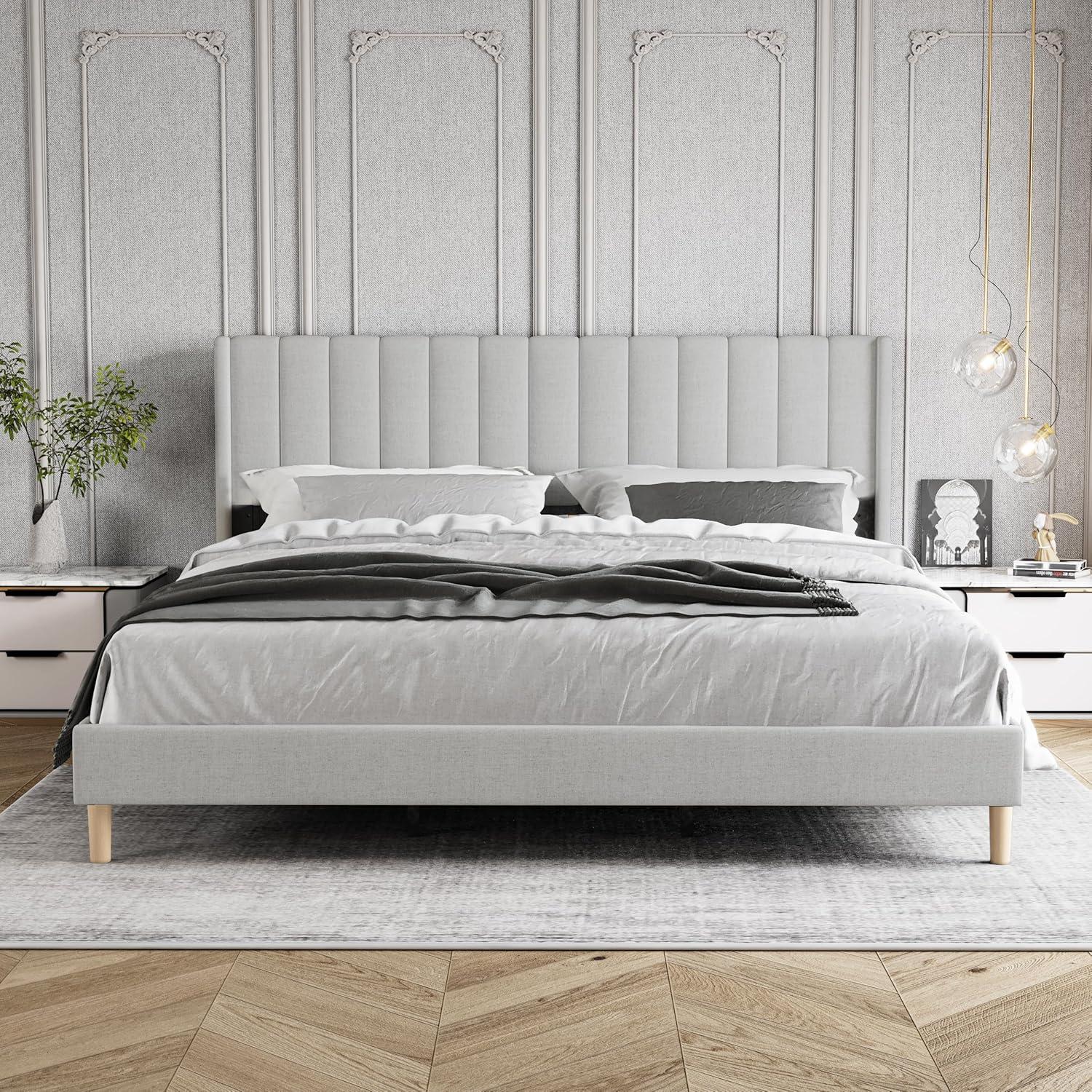 alazyhome Upholstered Platform King Size Bed Frame with Headboard Wooden Slats Support No Noise Easy Assembly Light Grey Linen