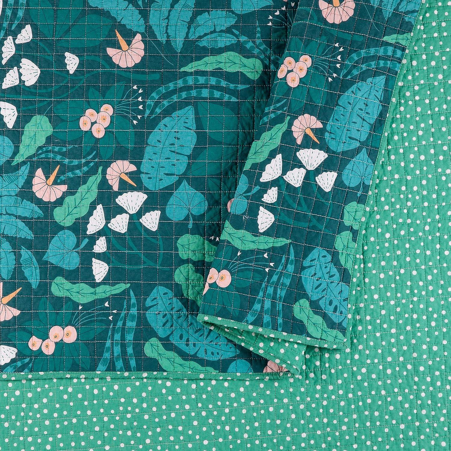 3pc Full/Queen Jungle Floral Quilt Set Green - Elizabeth Olwen for Makers Collective: Cotton Bedding Set with Shams